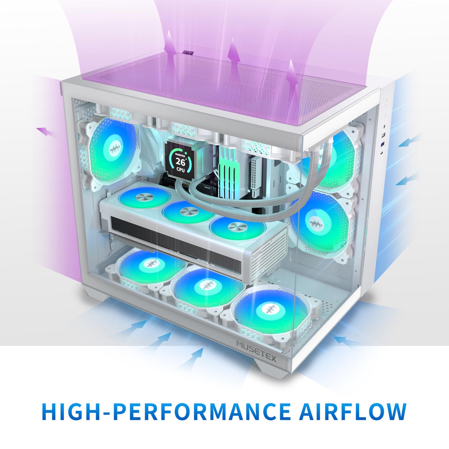 MUSETEX ATX PC Case, 6 PWM ARGB Fans Pre-Installed, 360MM RAD Support, Type-C Gaming PC Case, 270° Full View Tempered Glass Mid Tower, Pure White ATX Computer Case,Y6