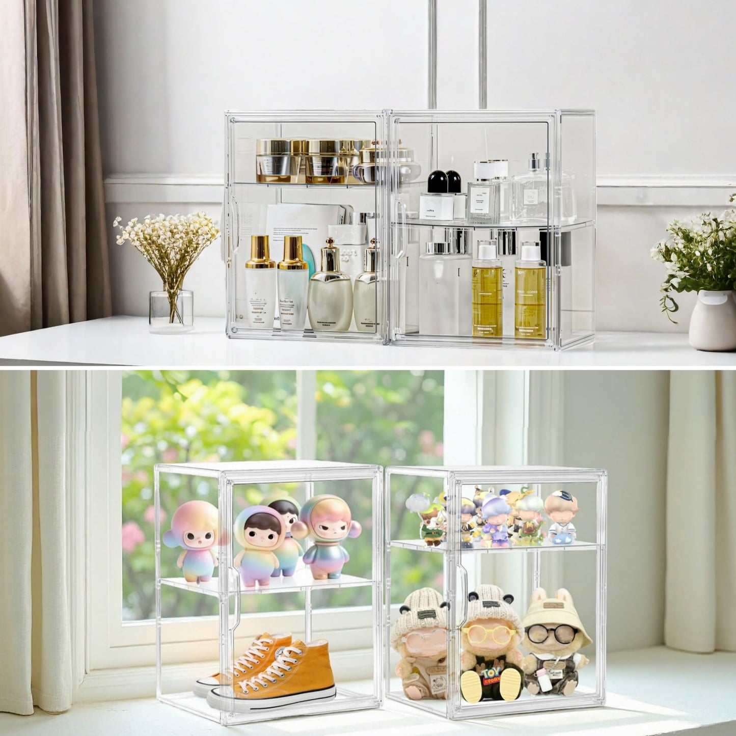 Acrylic Display Case for Collectibles, Clear Storage Bin with 3 Adjustable Layers and1 Removable Divider, Stackable Clear Storage Box with Magnetic Door for Figures, Home or Office,Large,2Pack