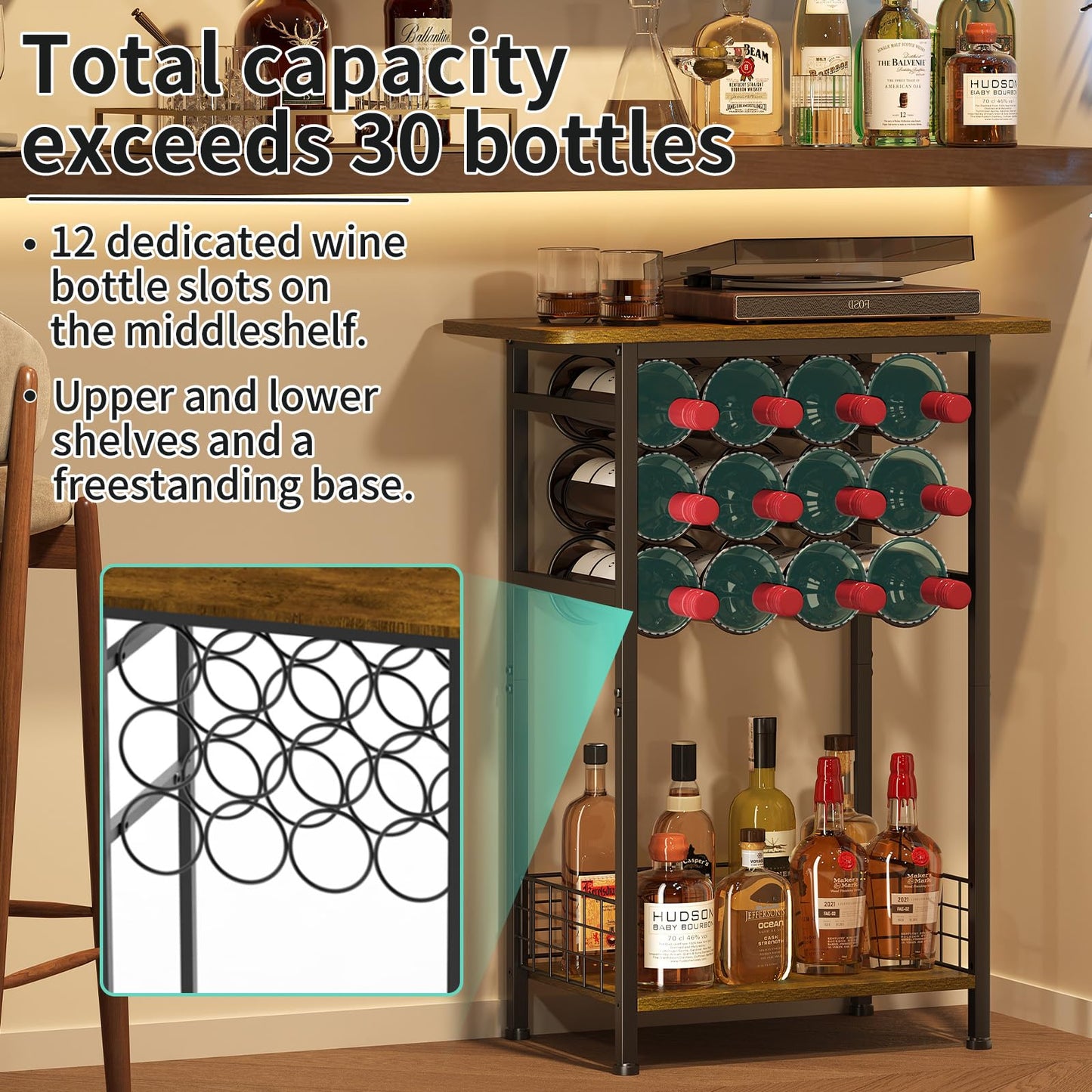 3-Tier Wine Rack Freestanding Floor Cabinet Corner Bar Cabinet Bar Cart,12 Individual Wine Storage Bottle Compartments Corner Bar Cabinet Holder,Wood + Black Frame Liquor Cabinet,Small Shelf For Homes