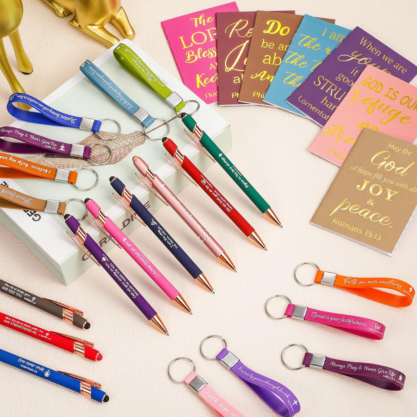 Estune 72 Pcs Christian Bible Gifts Set Bulk Religious Scripture Notebooks Scripture Quote Inspirational Ballpoint Pens Verse Christmas Keychain Inspirational Bible Gifts for Office (Religion)