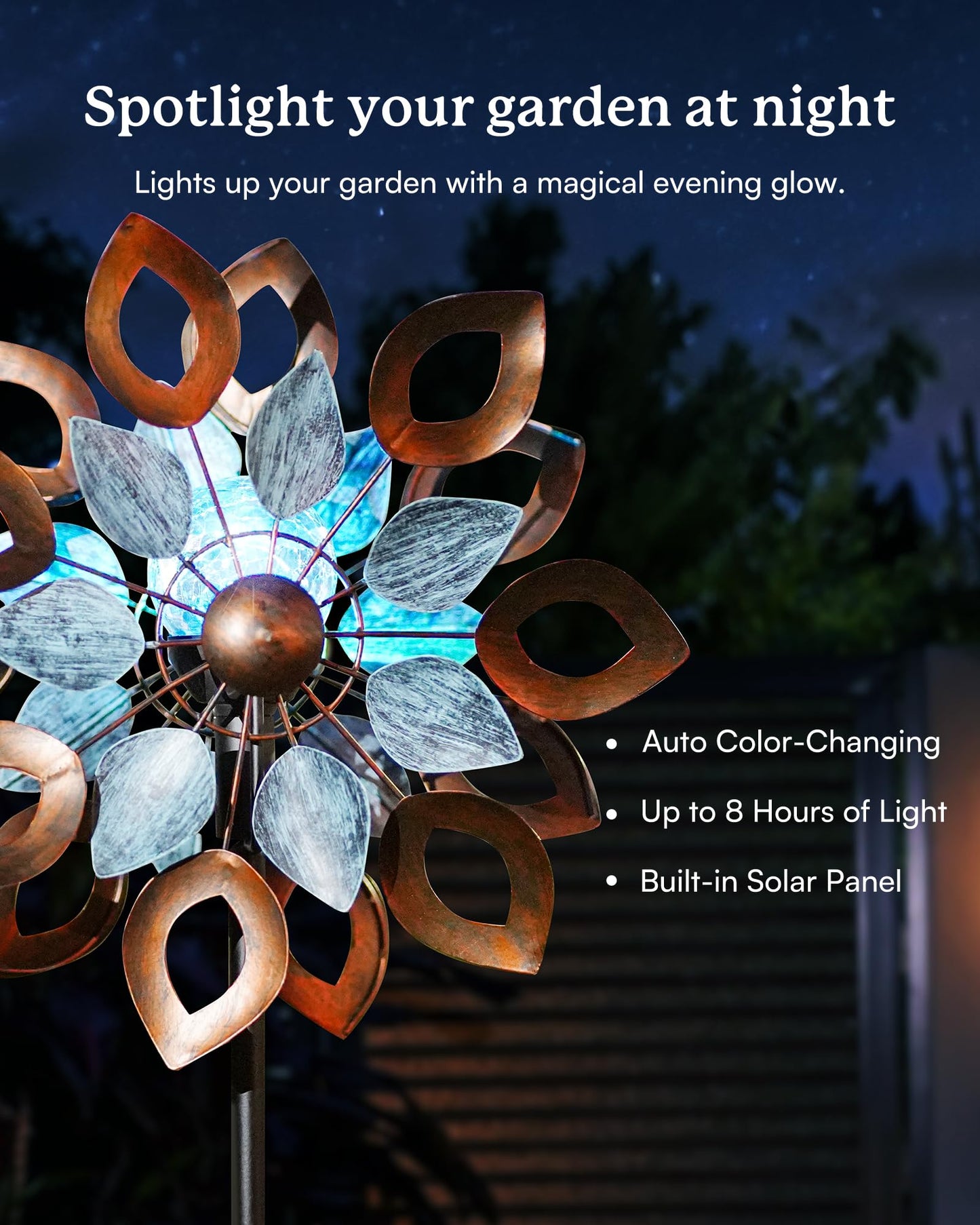Cyan Oasis Copper Wind Spinners Outdoor 74 Inches with Solar LED Light, Kinetic Dual Wind Sculptures & Spinners for Yard Lawn Garden Decor, Large Metal Clearance Windmill with Bronze Leaf