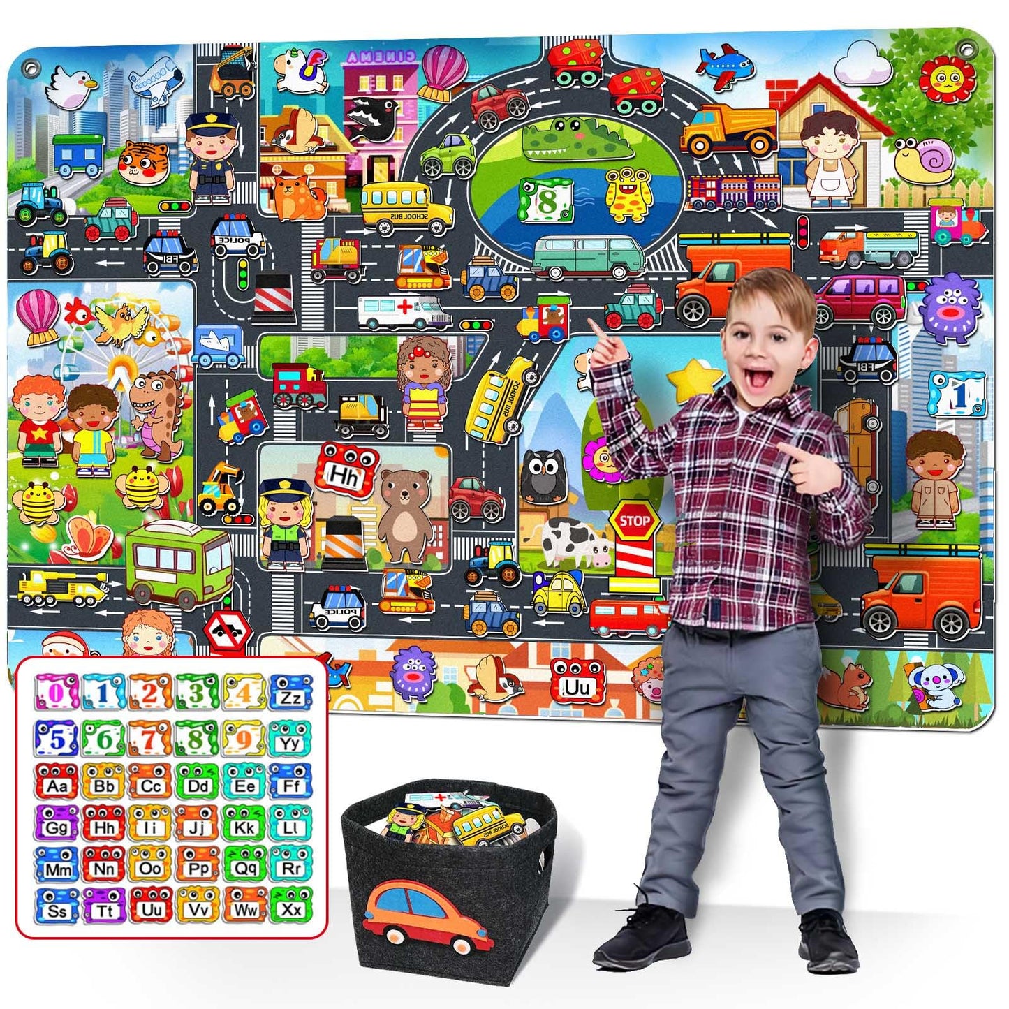 190 PCS Felt Board Story Set for Toddlers with Storage Bag City Traffic Themed 40 X 28 inch Teaching Wall Flannel Board Kit for Preschool Activity Early Learning Interactive Storytelling(Darkgrey)