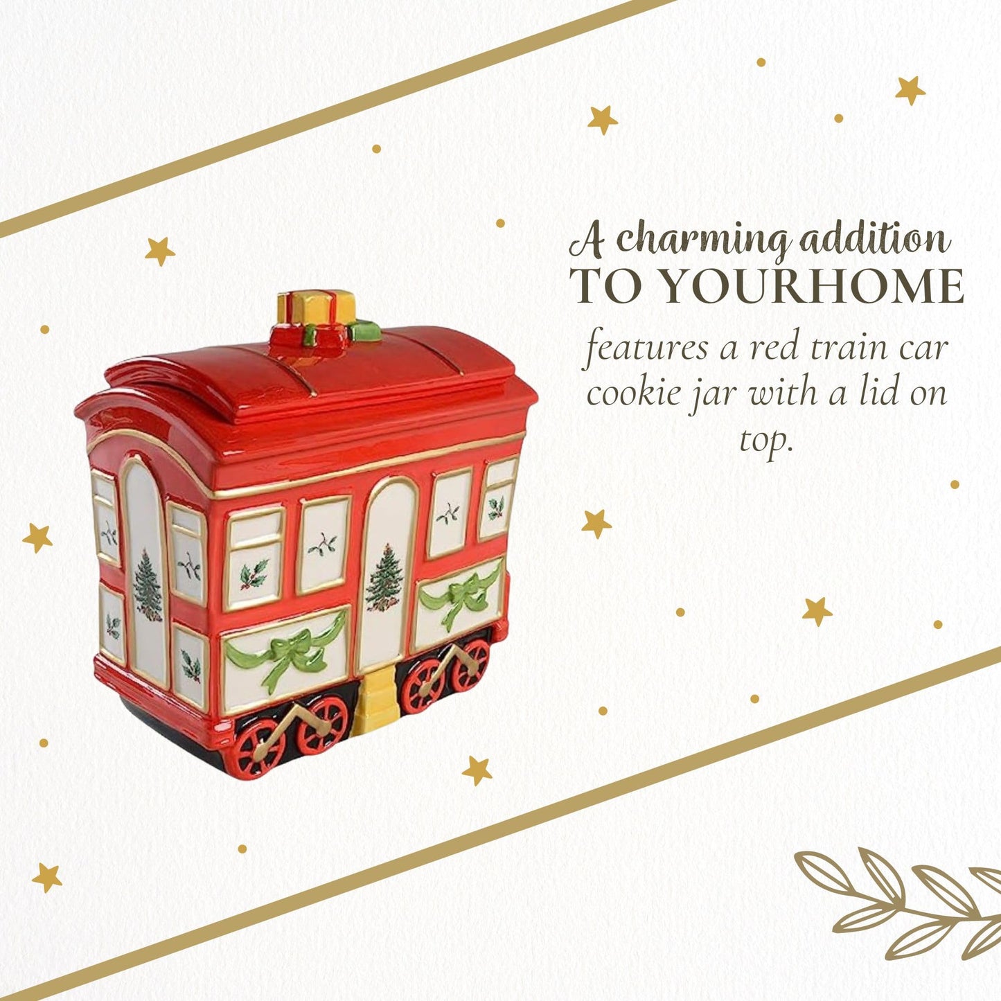 Spode Christmas Tree Cookie Jar with Lid, 8.5" Ceramic Holiday Train Car Dish for Cookies, Candy, Nuts - Festive Christmas Home Decor & Holiday Treats Jar - Great for Collectors
