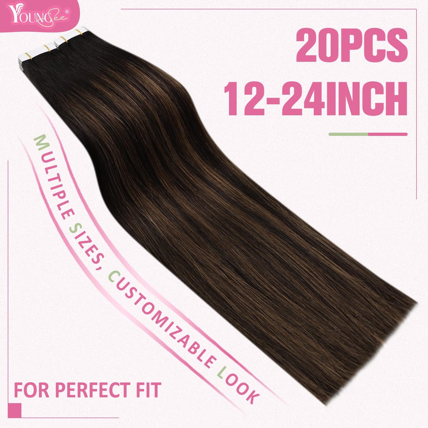 YoungSee Tape in Human Hair Extensions Brown Balayage Tape in Extensions Human Hair Dark Brown Balayage Invisible Tape in Hair Extensions Ombre Human Hair Tape in Extensions 20 Inches 20pcs 50g