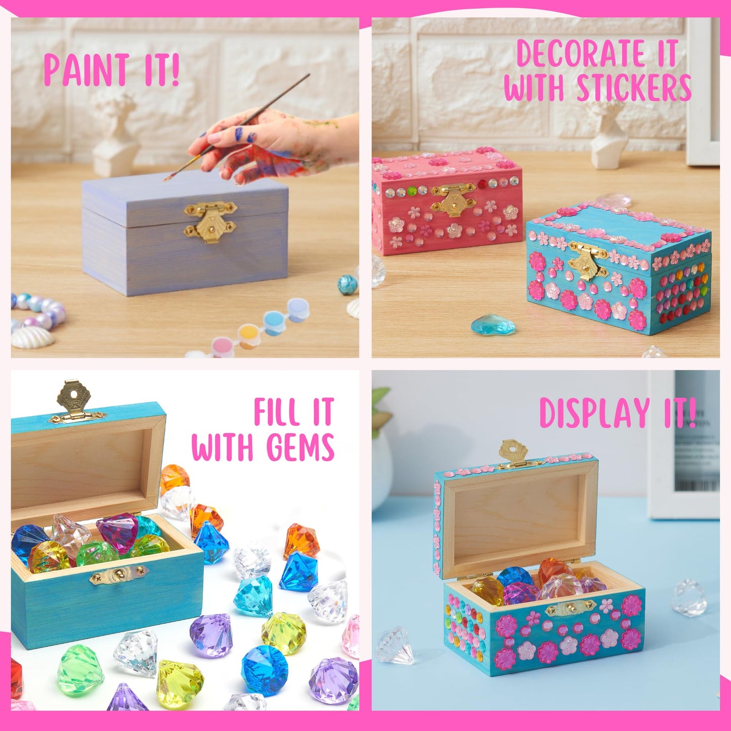 10 Sets Jewelry Box Painting Set for Kids with Stickers - Bulk Stockings & Birthday Goodie Bag Stuffer - Kids Party Favors Toy Return Gifts - Unfinished Wooden Treasure Boxes For Arts & Craft