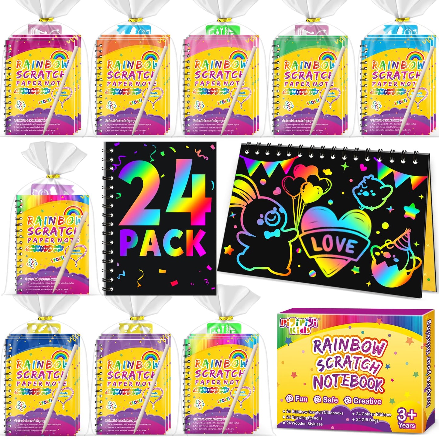 Party Favors for Kids 4-8-12: 24 Pack Scratch Rainbow Art Crafts Notebook, Coloring Book Goodie Bags Stuffers Kit, Bulk Birthday Gift Classroom Prizes Girl Boy Toddler