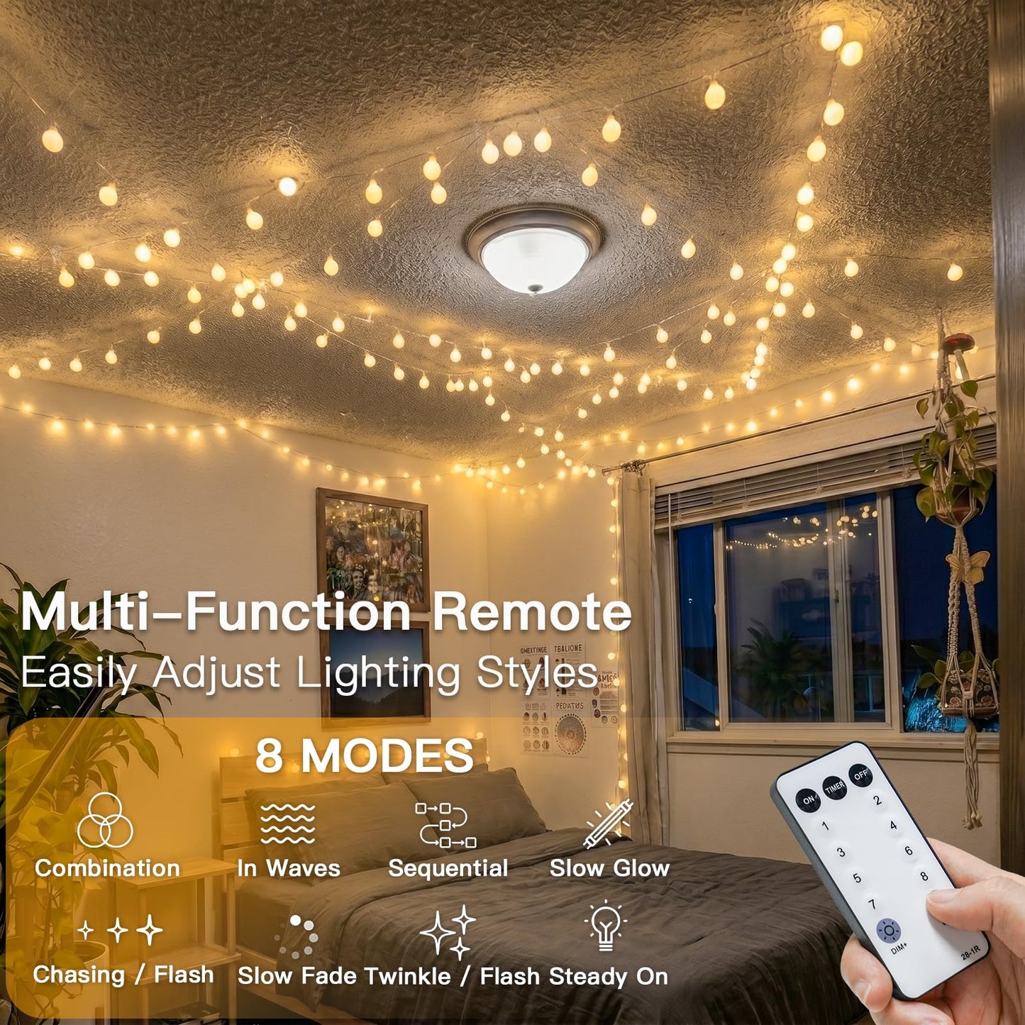 suddus String Lights for Bedroom, 66ft 200 Led Connectable Globe String Lights Indoor, Hanging Fairy Lights Plug in with Remote for Kids Room Dorm Classroom Outdoor Christmas Tree Decor, Warm White