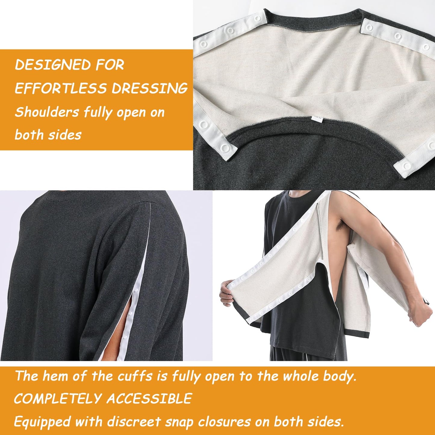 Fleece Dralon Snap On Off Post Shoulder Surgery Shirts Men Chemo Shirts for Port Access Crewneck Tear Way Rehab Recovery T-Shirt with Right & Left Side Full Arm Open Dialysis Clothing