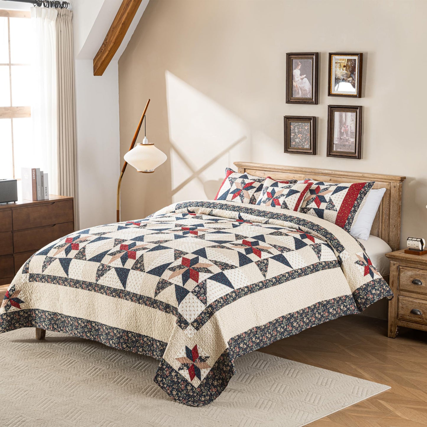 NIUDÉCOR HOME Star Patchwork Quilt Set King Size Country Comforter 100% Cotton Reversible Breathable Geometric Quilted Bedspread with 2 Pillow Shams +1 Throw Pillow Cover
