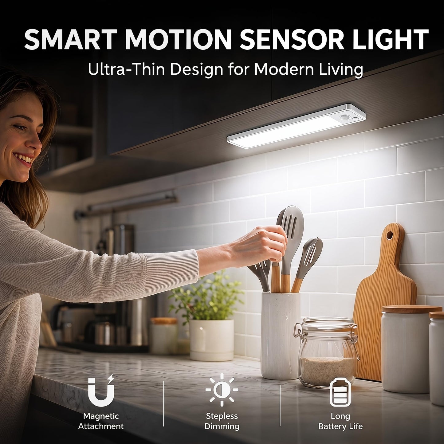 Under Cabinet Motion Sensor Lighting: Dimmable Rechargeable Lights Indoor - Battery Operated Lights - Undercabinet Wireless Closet Light Magnetic Led Light for Kitchen Home Bathroom Counter 5 Pack