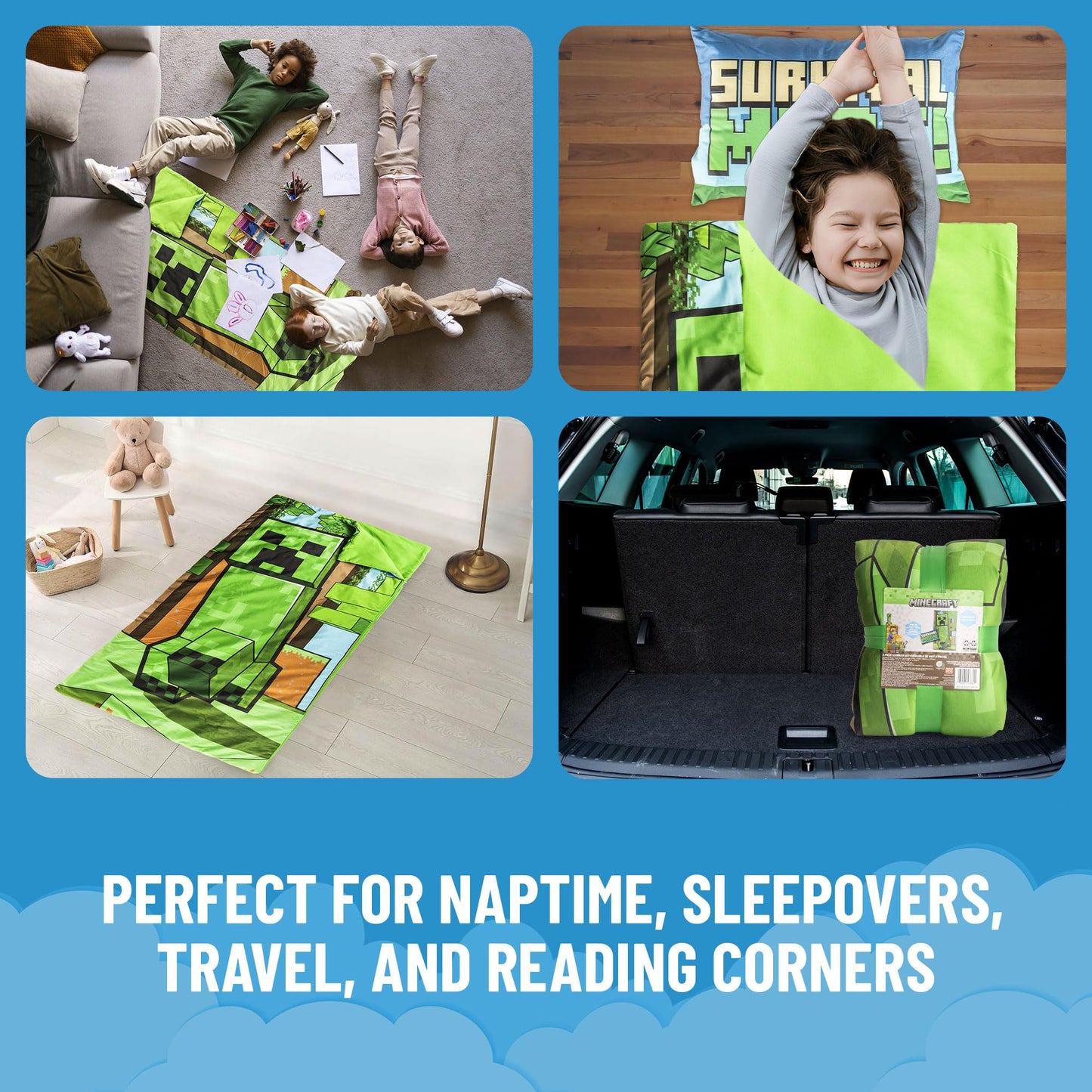 Jay Franco Kids Slumber Bag and Pillow - 54 x 27 Inch Comfy Indoor Sleeping Bag for School and Sleepovers, 2 Piece Set, Green - Minecraft