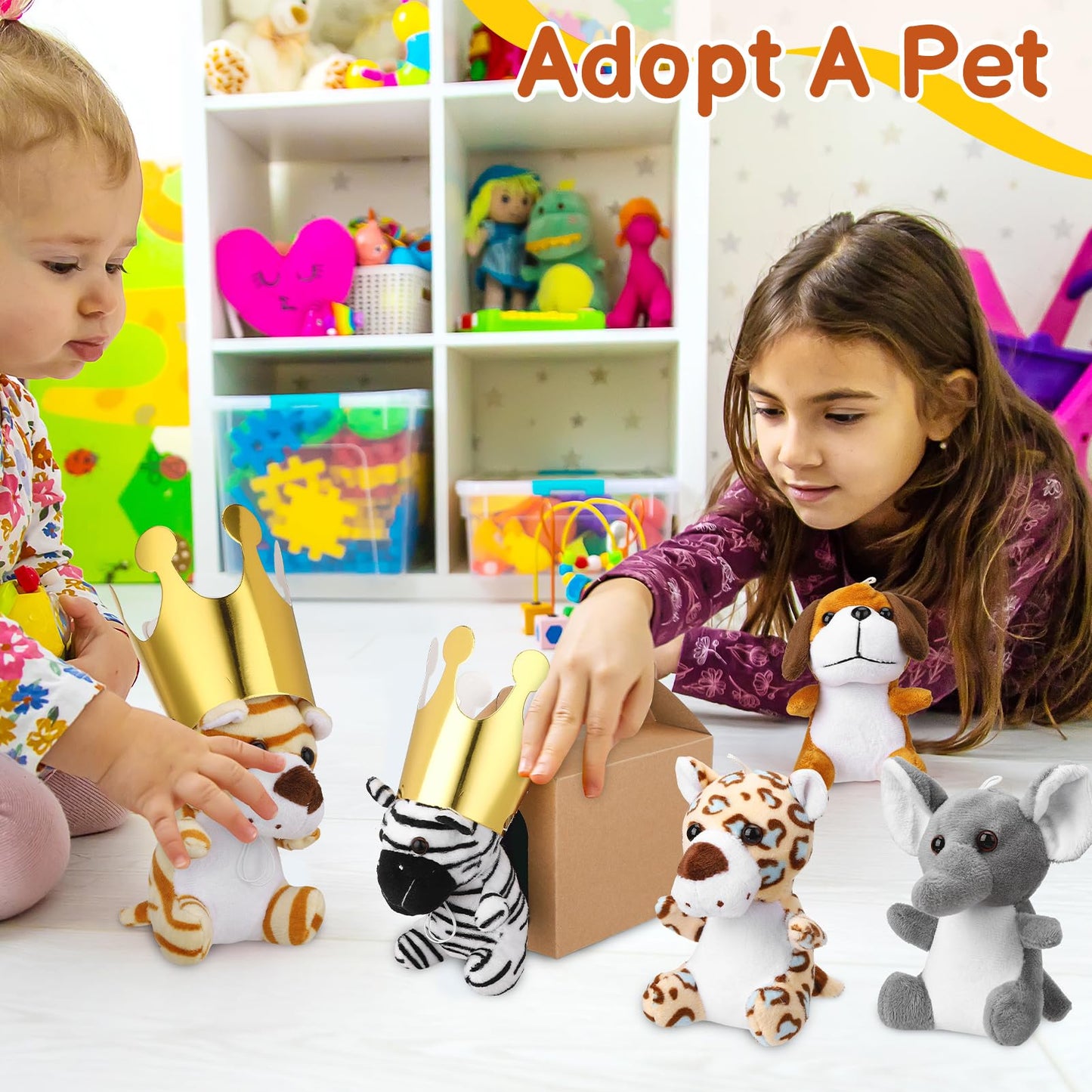 Guiqulai 40Pcs Adopt A Pet Party Favors Mini Stuffed Animals Plush Toy Set Includes 10Pcs Safari Jungle Animal Plush Toys, Birthday Hats, Kraft Paper Boxes, Adoption Cards for Adopt A Animal Party