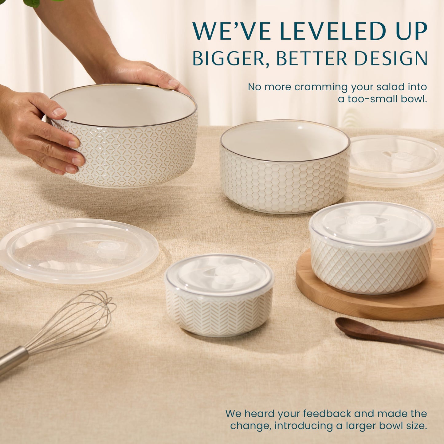KooK Serving Bowls, with Lids, Ceramic Nesting Bowls, Set of 4, Embossed, Kitchen, Prep, Stackable, Gift, Microwave and Dishwasher Safe, 16/29/47/70 oz, Narbonne Collection (Ivory)