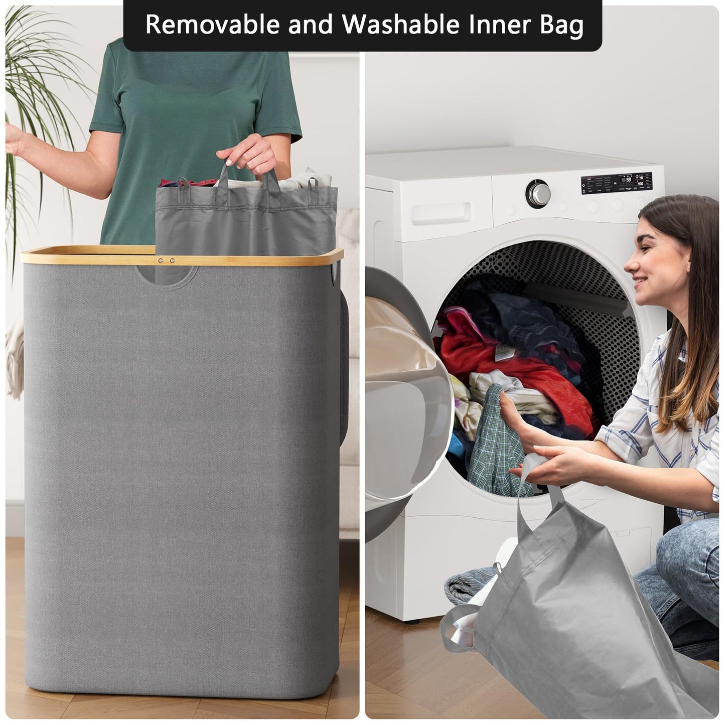 SpaceAid Double Laundry Hamper 2 Section with Lid and Removable Laundry Bags, 160L Clothes Basket with Bamboo Handles, Large Collapsible Hamper for Bedroom, Bathroom, Dorm, Laundry Room - Grey
