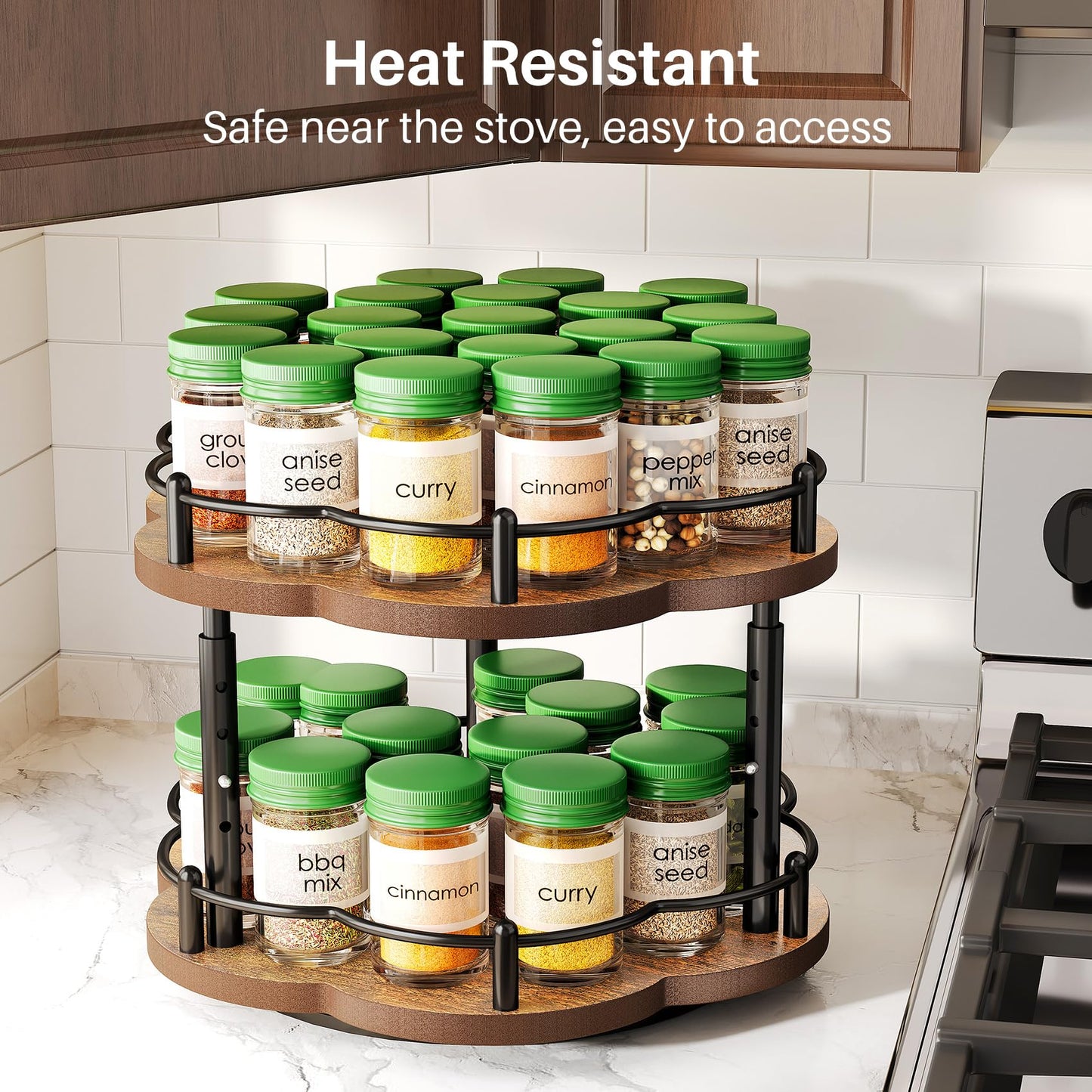 Lazy Susan Spice Rack Organization for Cabinet - 2 Tier Adjustable Height Lazy Turntable Spice Organizer for Kitchen Countertop & Pantry, Wood 10 Inch Seasoning Storage, Black