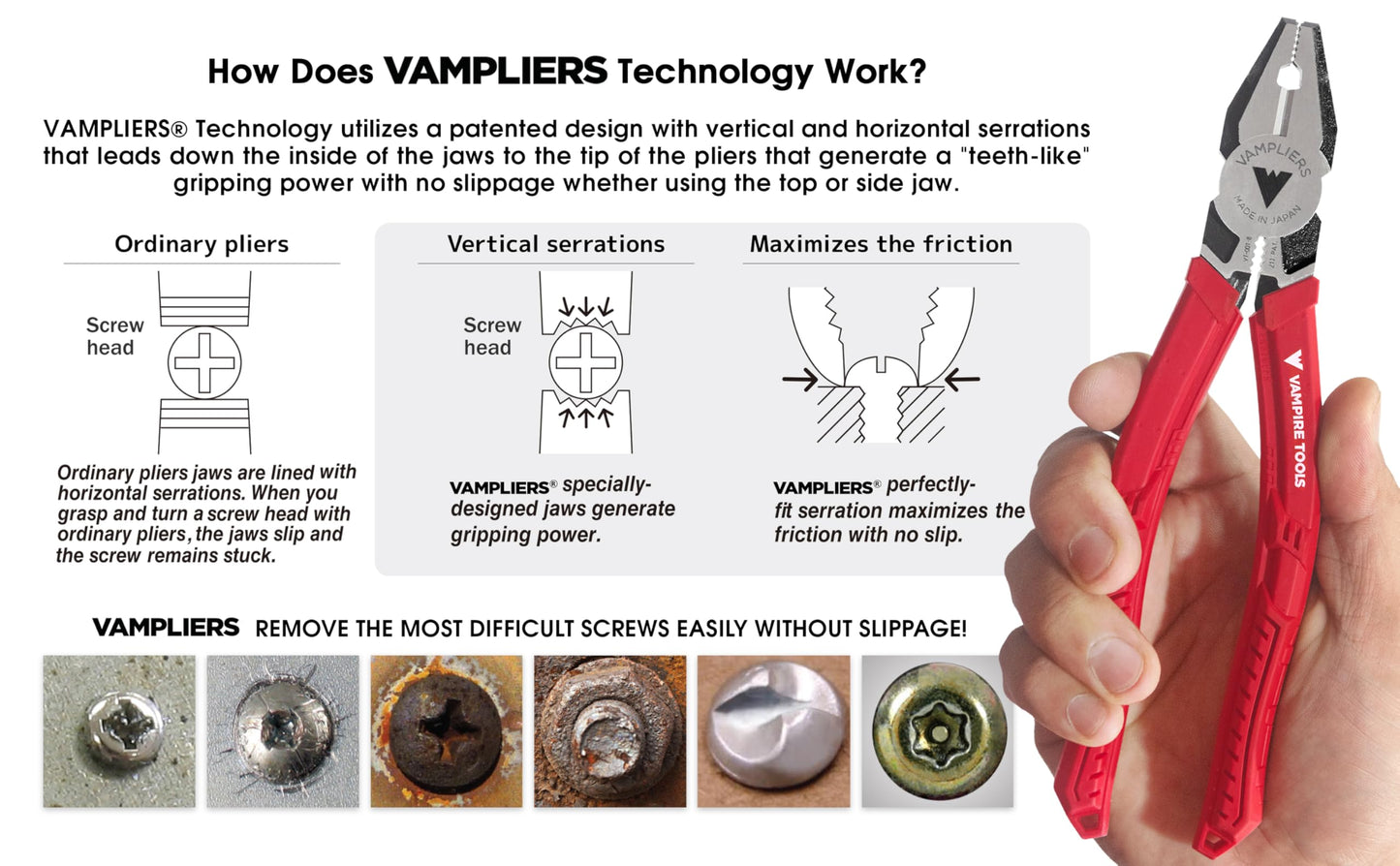 VAMPLIERS 8" Stripped Screw Extractor Linesman Pliers. Made in Japan. Professional Grade Heavy Duty Combination Pliers, Stripped Screw Removal Tool.