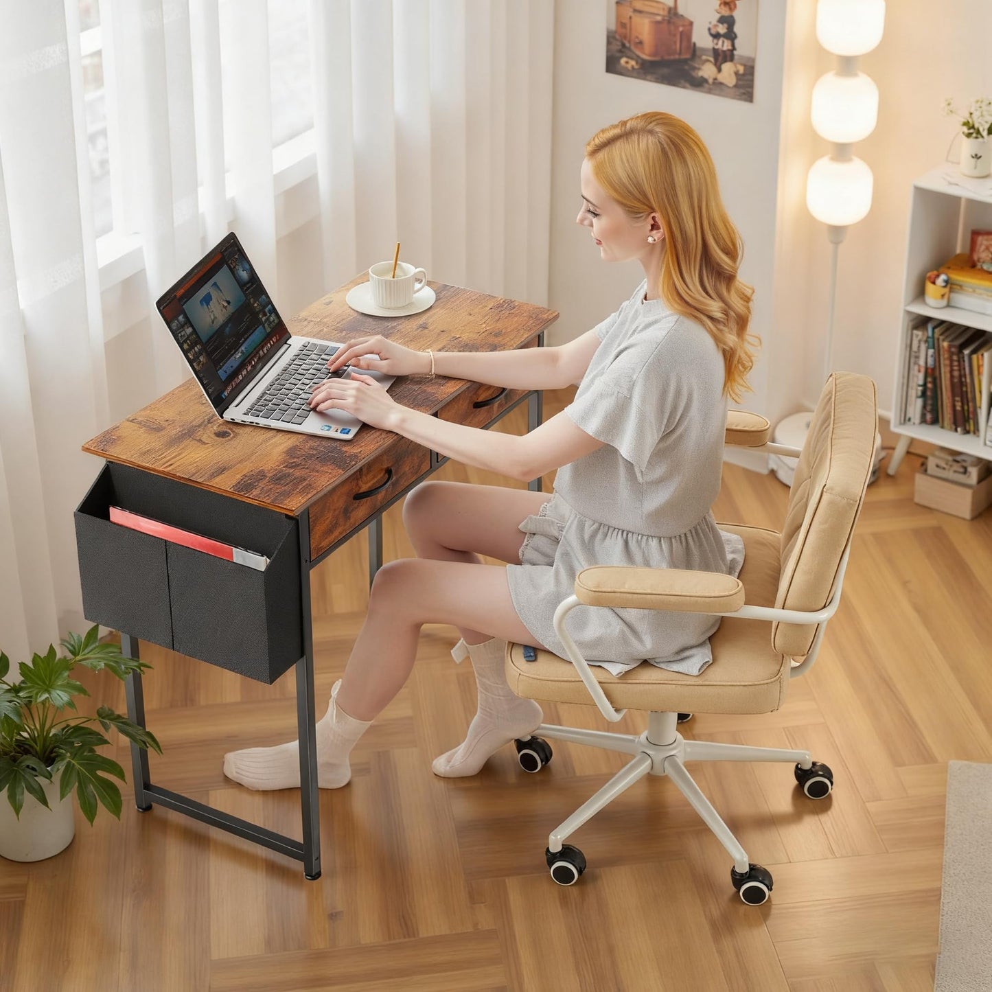 Sweetcrispy Computer Desk Small 32 Inch Home Office Bedroom Writing Study PC Table with Fabric Storage Drawers Space Side Bag Headphone Hook Adjustable Feet Modern Simple Style, Rustic Brown