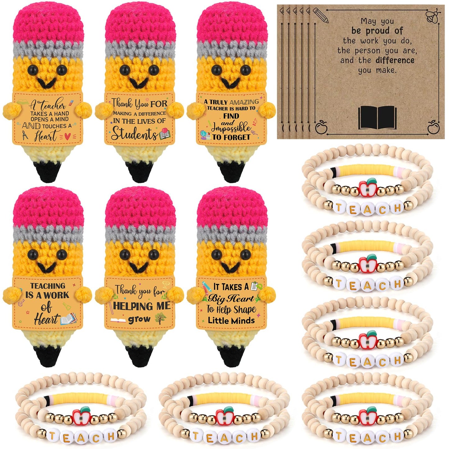Juinte 6 Sets Teacher Appreciation Gifts Crochet Pencil Dolls with Thank You Teacher Card and Bracelet Presents for Teacher's Day Positive Graduation End of Year from Students