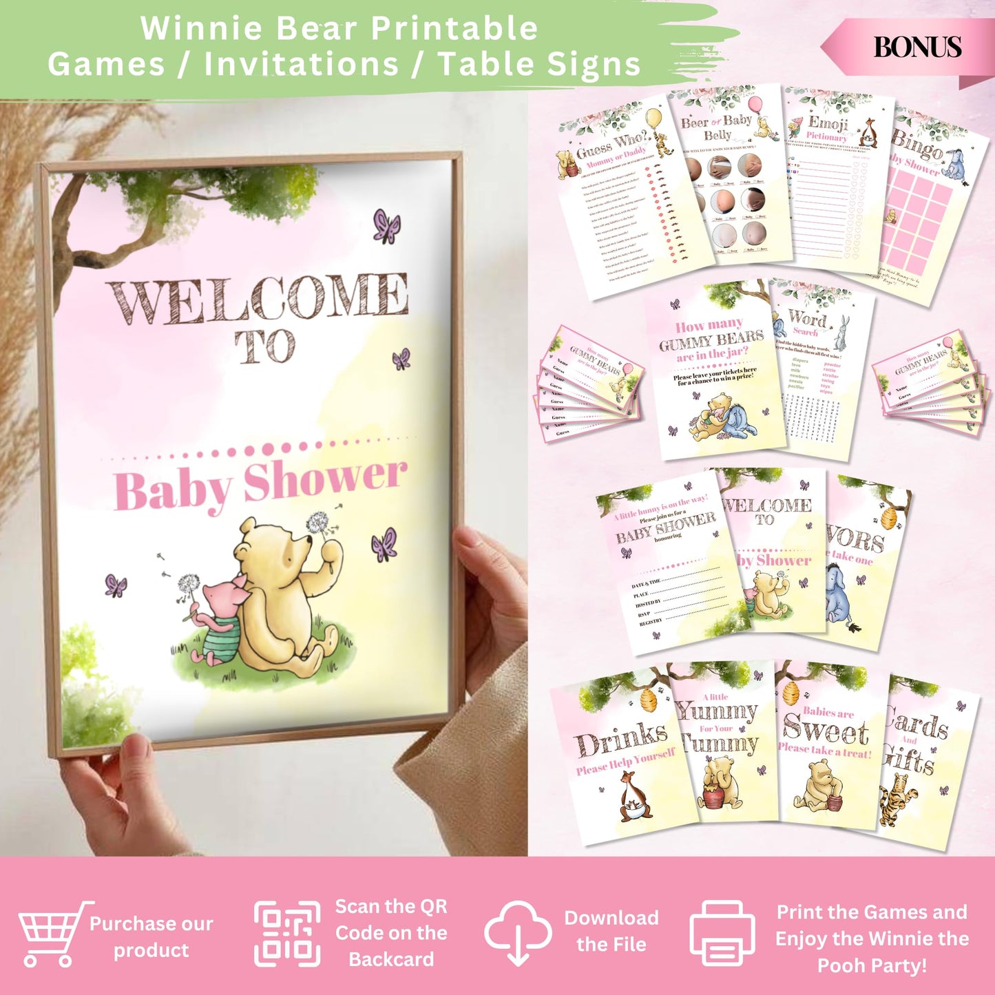 Winnie Baby Shower Decorations Pink – the Pooh Balloons, Backdrop, Welcome Baby Banner, Tablecloth, Cake Toppers, Pompoms, Sash & More – Classic Pooh Baby Shower Theme Party Decor