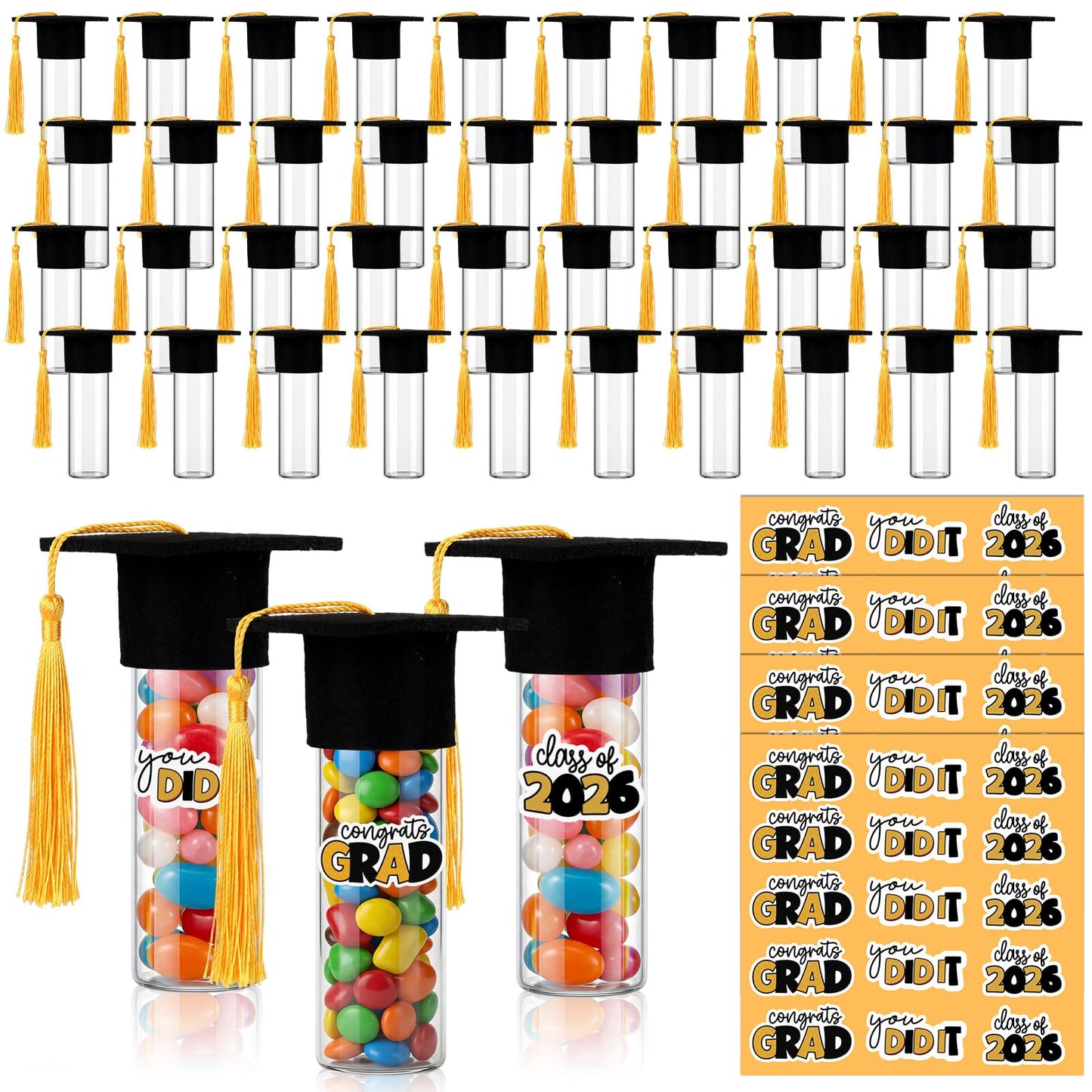 LemonRoad 60 Set 2026 Graduation Candy Tubes Graduation Party Favors Candy Container with Lid Glass Bottles Gold Mini Graduate Caps Decorative Stickers for DIY Class Celebration Table Gift Supplies