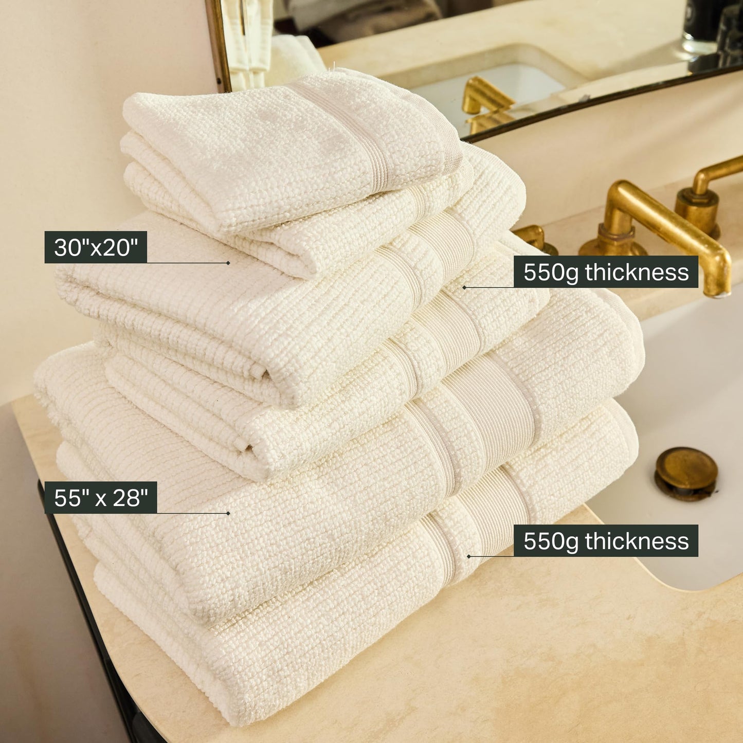 Preston Lane Douro Hand Towel Set – 2 Pack Luxury Cotton Towels, Ultra Soft & Absorbent, Quick-Dry Spa-Quality Bathroom Towels, Made in Portugal, Alabaster 18.5 x 27.5