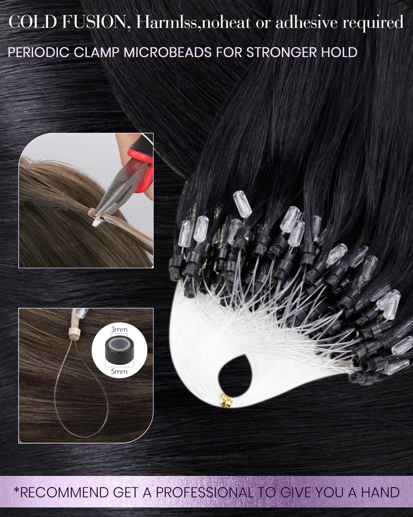 LaaVoo Microlink Hair Extensions Human Hair Black Micro Beads Hair Extensions 20 Inch Jet Black Micro Loop Hair Extensions Real Human Hair Black Micro Hair Extensions Human Hair 50g 50s