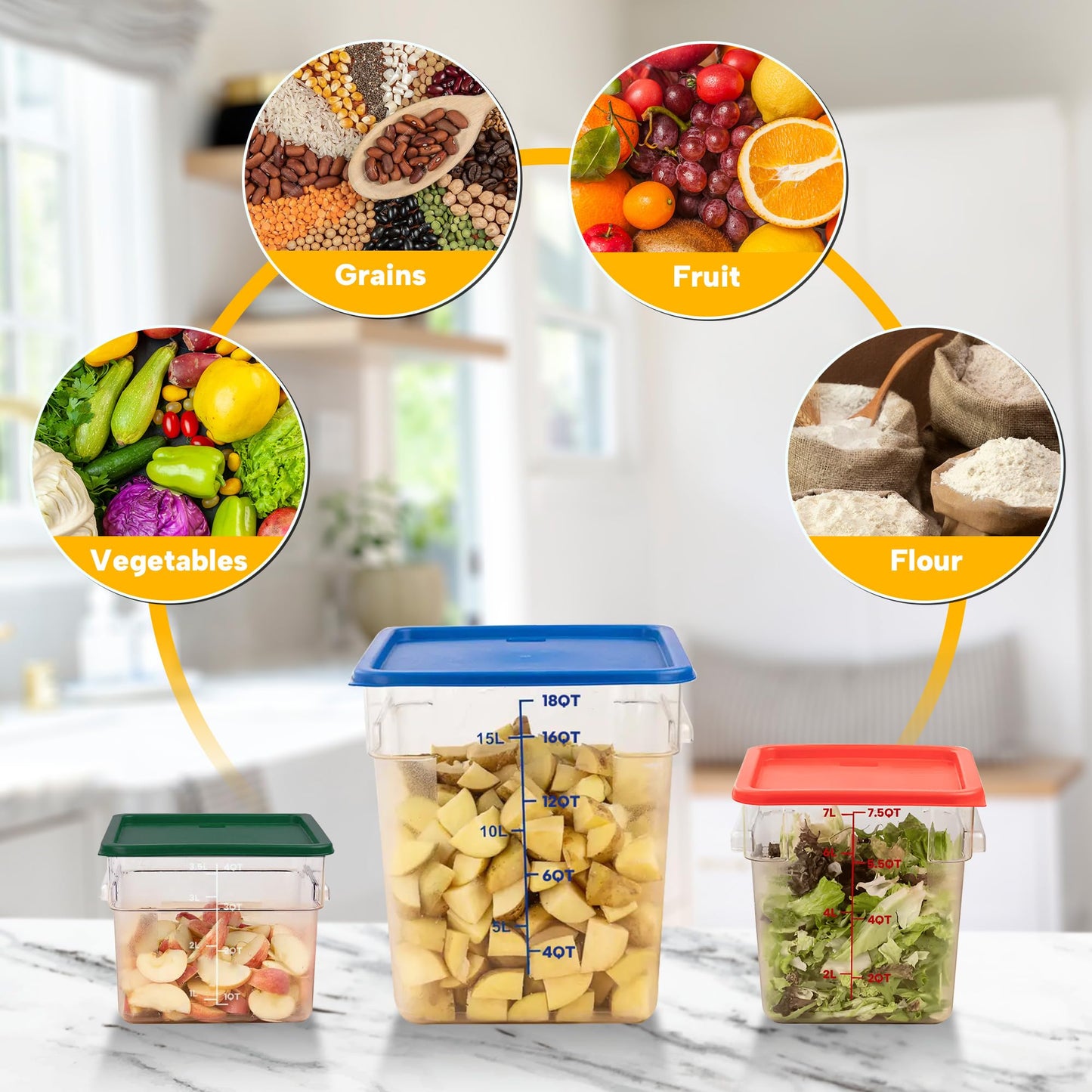BIEAMA 4 Pack Food Storage Containers, 8 Quart with Lids, Square Commercial Containers with Scale, NSF, Polycarbonate, Clear