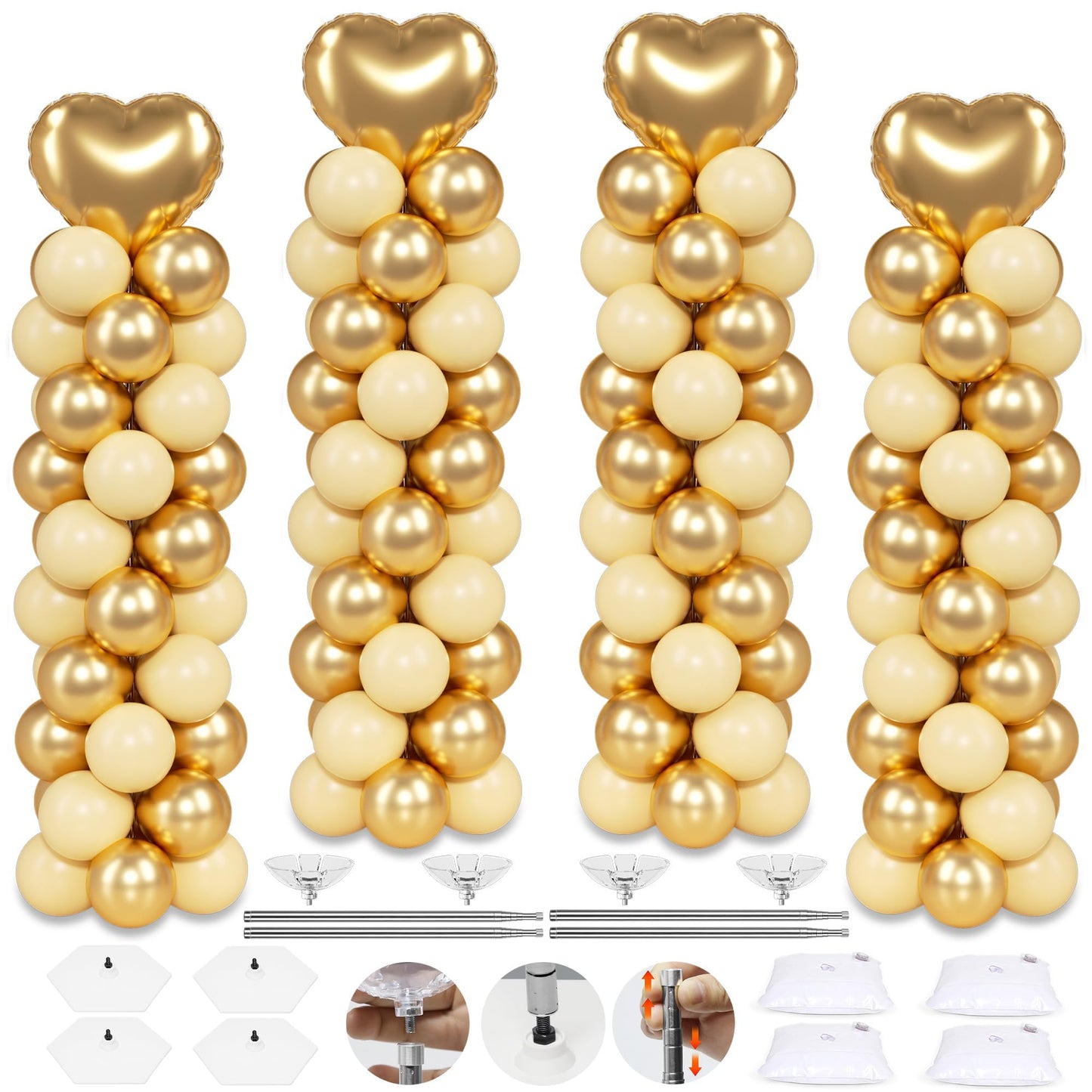 Toosci 4 Sets Balloon Column Stand Kit, 7 Feet Height Adjustable Balloon Tower Pillar with Reusable Metal Telescopic Design for Graduation, Wedding, Baby Shower, Birthday Party Decoration