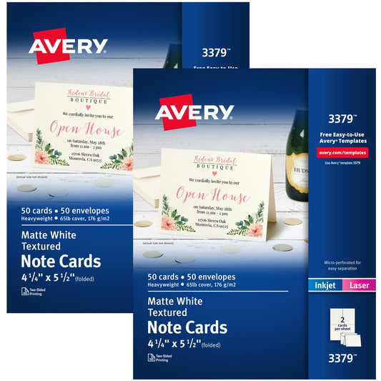 Avery Printable Note Cards, Envelopes Included, 4.25" x 5.5", Textured White, Laser & Inkjet Compatible, 50 Blank Cards per Pack, Great for Product Branding, Marketing, and More (2 Packs of 5813)