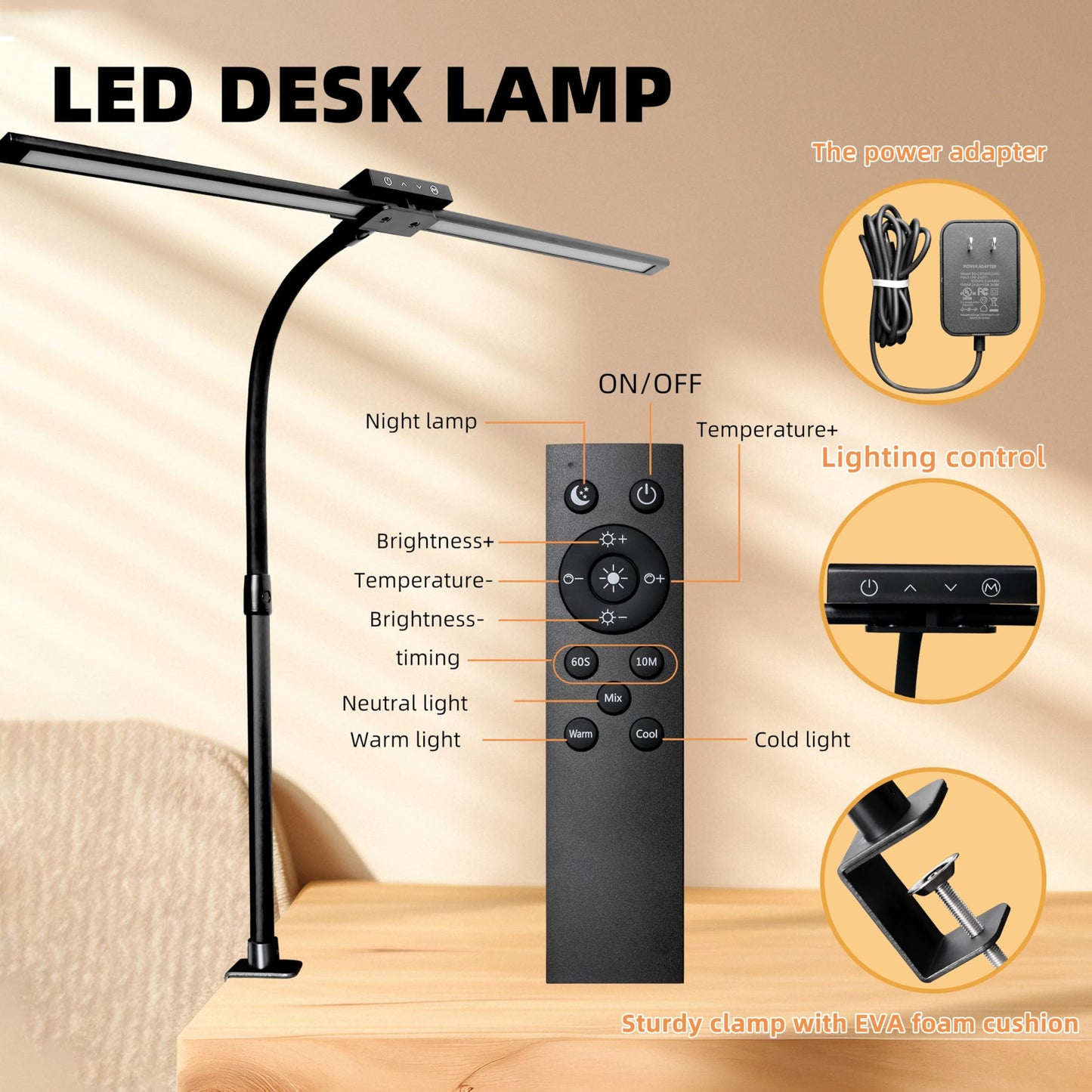 BAYSQUIRREL Led Desk Lamp with Clamp, Gooseneck Remote Control Desk Light with Eye Protection, 24W Ultra Bright Stepless Dimming and Tempering LED Desk Lamp for Home Office, Bedroom, Study