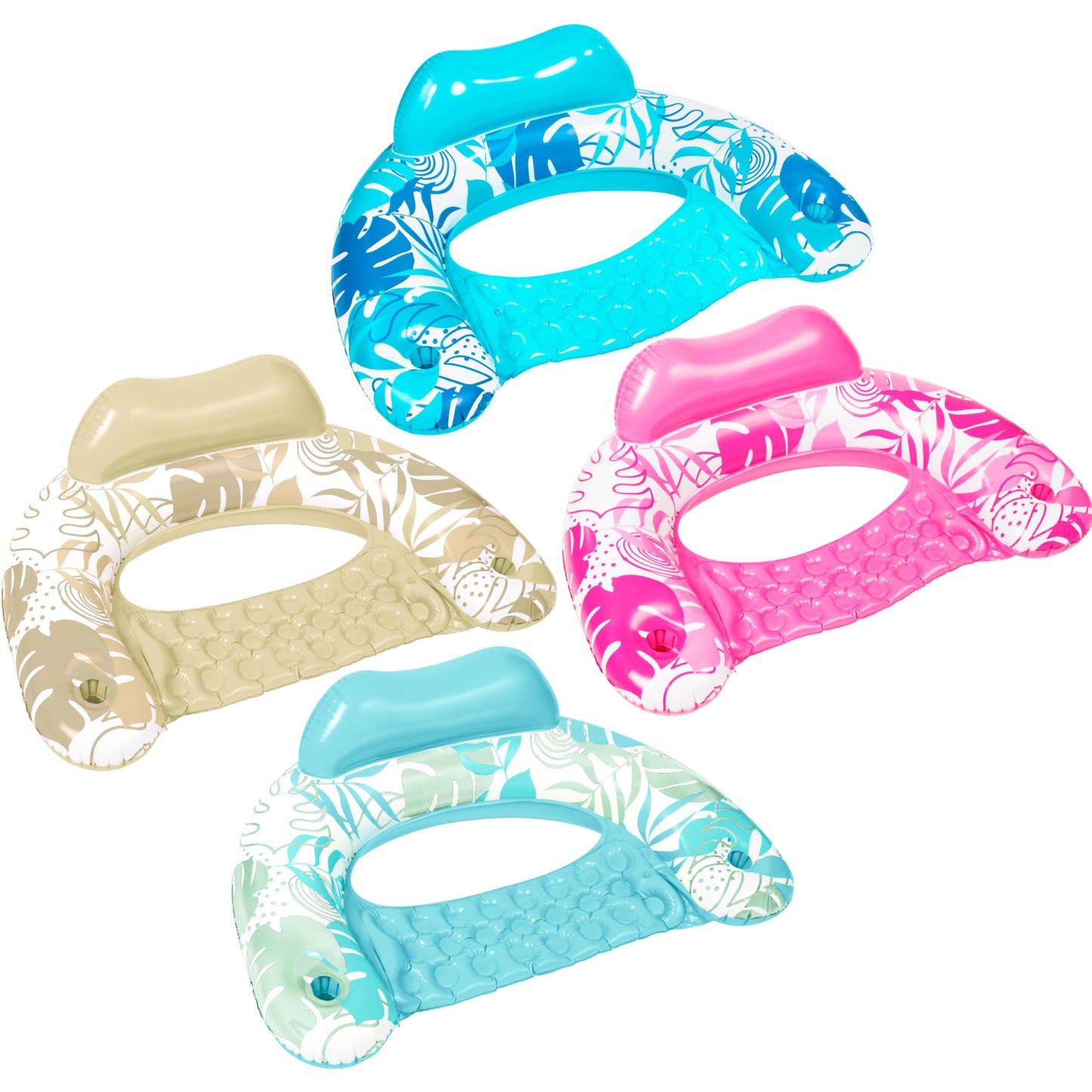 SLOOSH Inflatable Pool Floats Adult, 4 Pack Pool Chairs with Cup Holders,Blow up Floats Chair,Hammock Noodle Mat Leaves Design for Summer Water Fun Swimming Party Beach,Blue, Cyan, Pink, Champagne