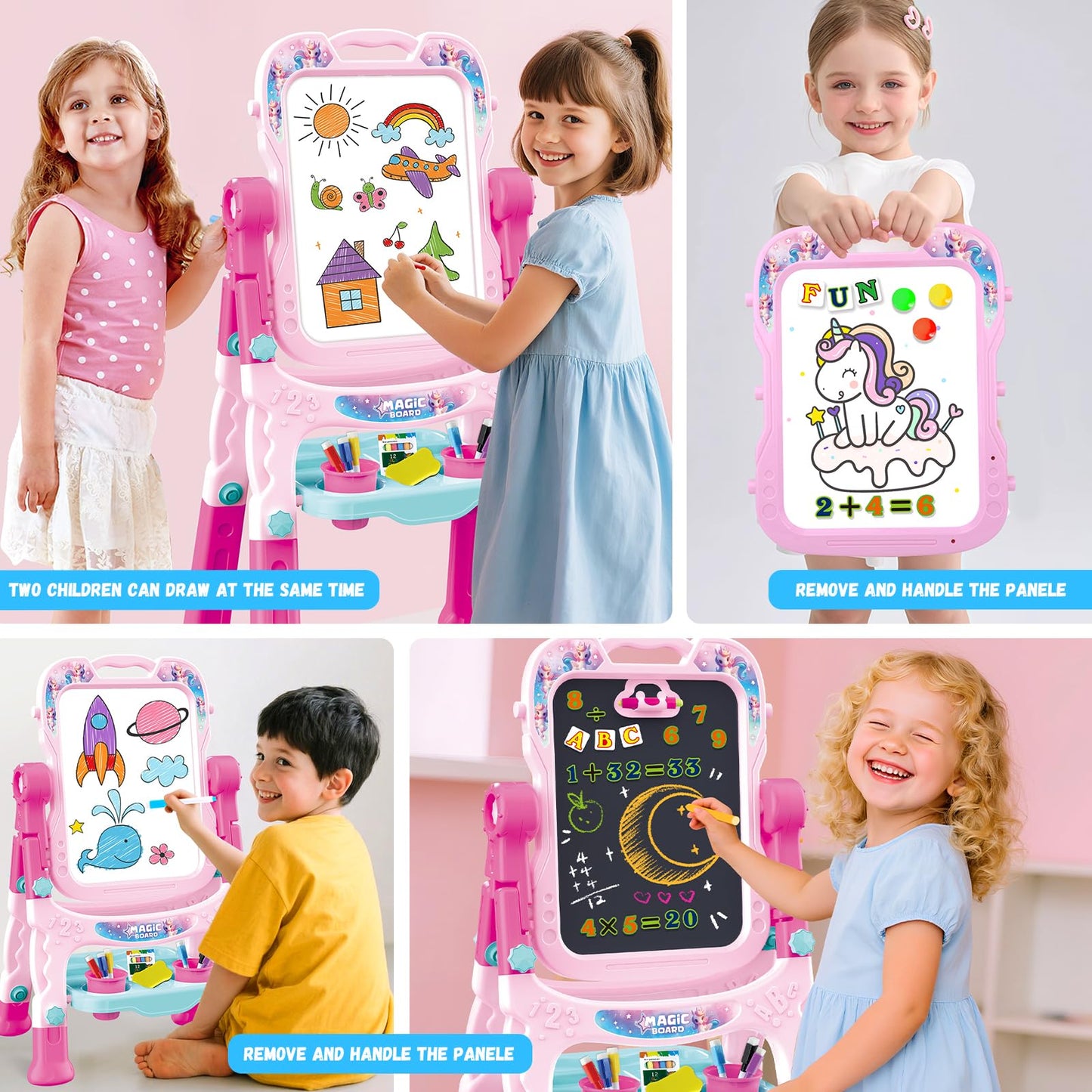 Art Easel for Kids - Adjustable Double-Sided Rotatable Magnetic White Board with Painting Accessories, Preschool Learning Toy for Girls 3-5 Years Old,Ideal Christmas Birthday Gift (Pink)