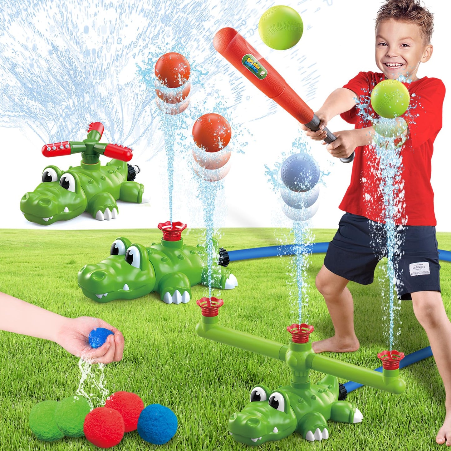 Intoypad 4-in-1 Kids Sprinkler Baseball & Water Ball Toy, Sprinkler with 3 Jets, 4 Baseballs & 6 Reusable Water Balls, Outdoor Summer Toys for Boys Girls Outside Yard Water Game Toys for Kids Ages 3-8
