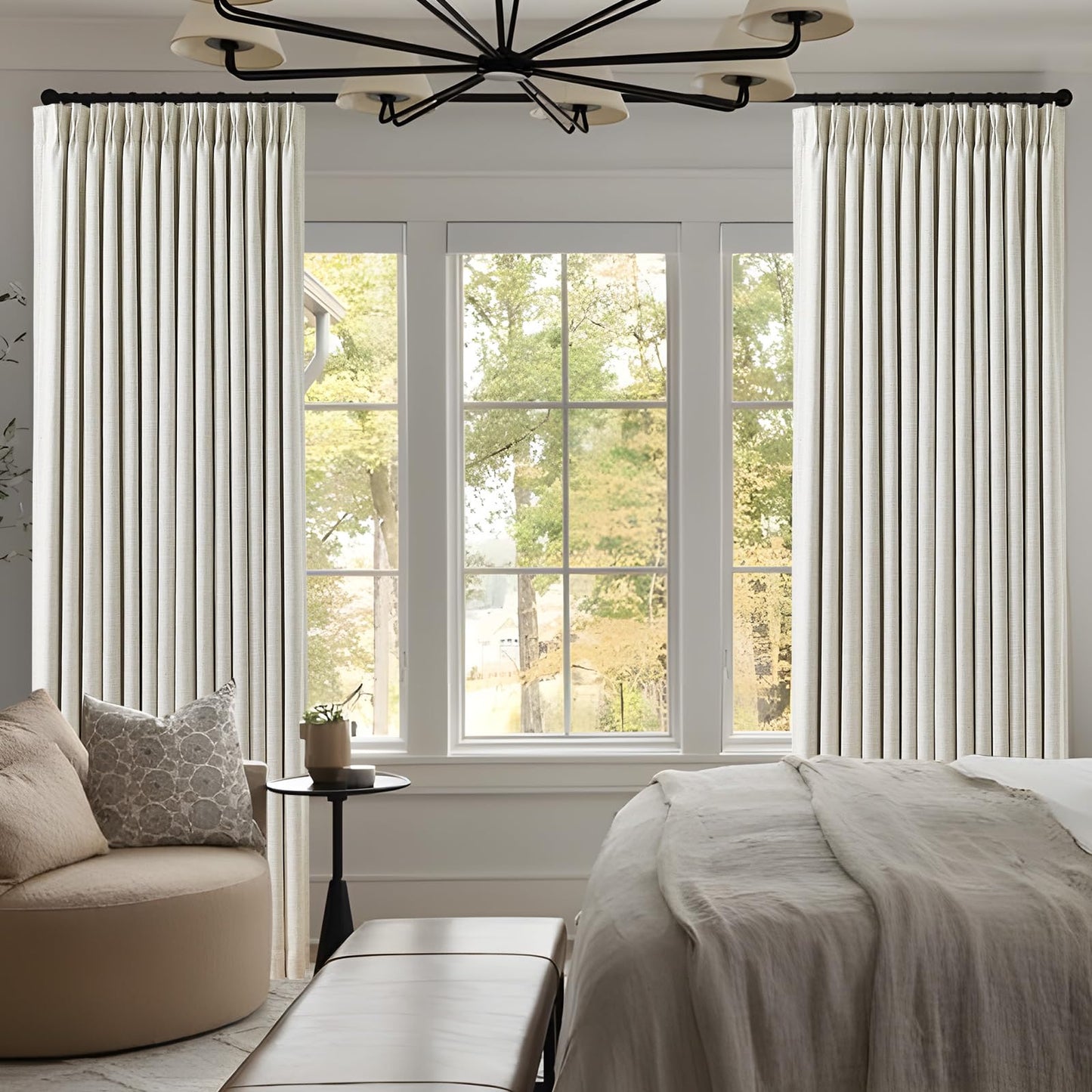 IVAPUPU Natural Pinch Pleated 100% Blackout Linen Curtains 90 Inch Length for Bedroom, Black Out Pinch Pleat Curtains for Living Dining Room Darkening Thermal Insulated Drapes with 16 Hooks, 2 Panels