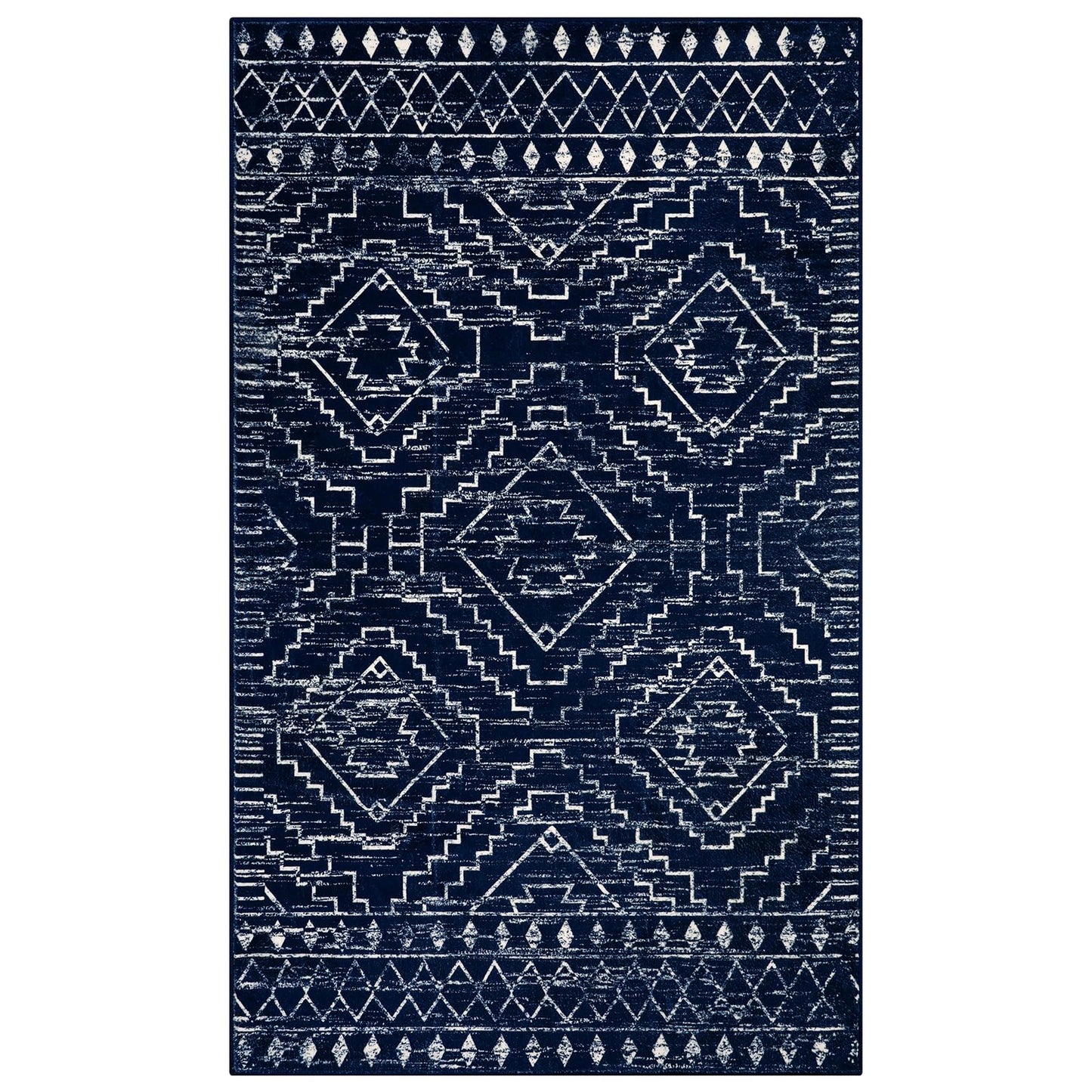 Wonnitar Moroccan Washable Rug 3x5, Blue Non-Slip Entryway Area Rug, Soft Farmhouse Bedroom Throw Mat, Geometric Low Pile Scandinavian Accent Carpet for Entry Kitchen Basement (Blue,3'x5')