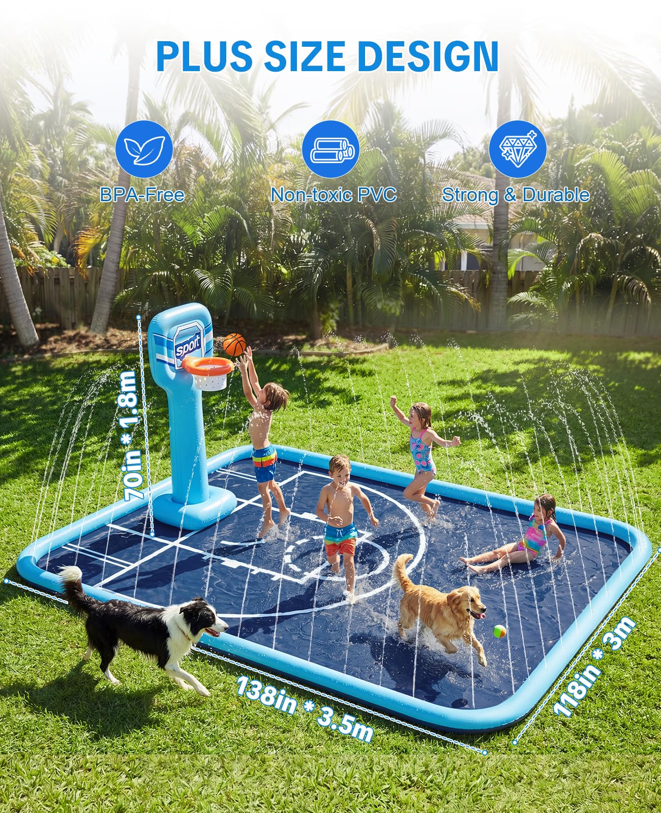 Splash Pad for Kids, 118"x138" Extra Large Sprinkler Splash Pad with Basketball Hoop & Ball, Non-Slip Outdoor Water Toys for Backyard Summer Fun