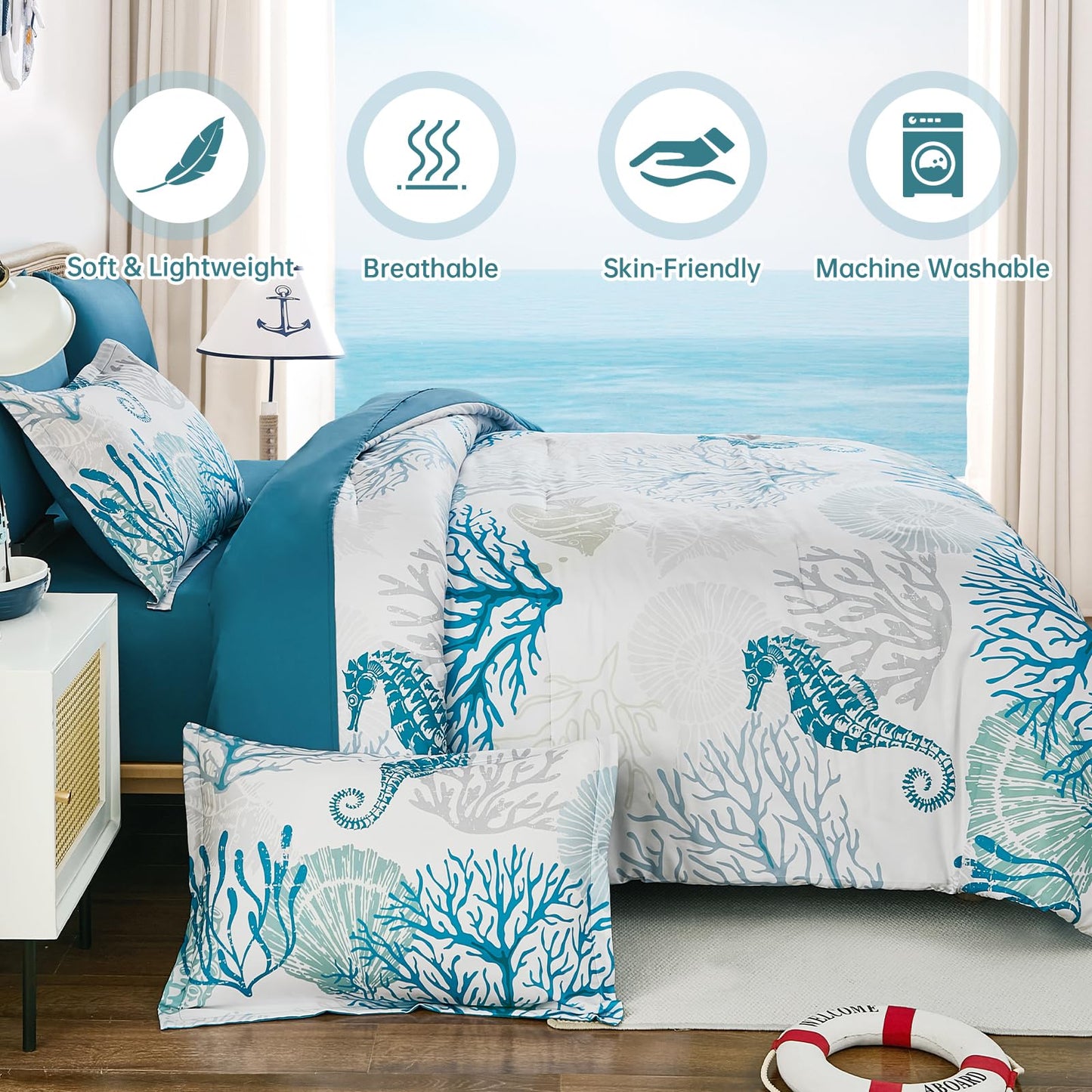WONGS BEDDING Coastal Comforter Set Queen, Beach Themed Comforter,7 Pieces Ocean Nautical Seaweed & Starfish Bed in a Bag (90"×90")