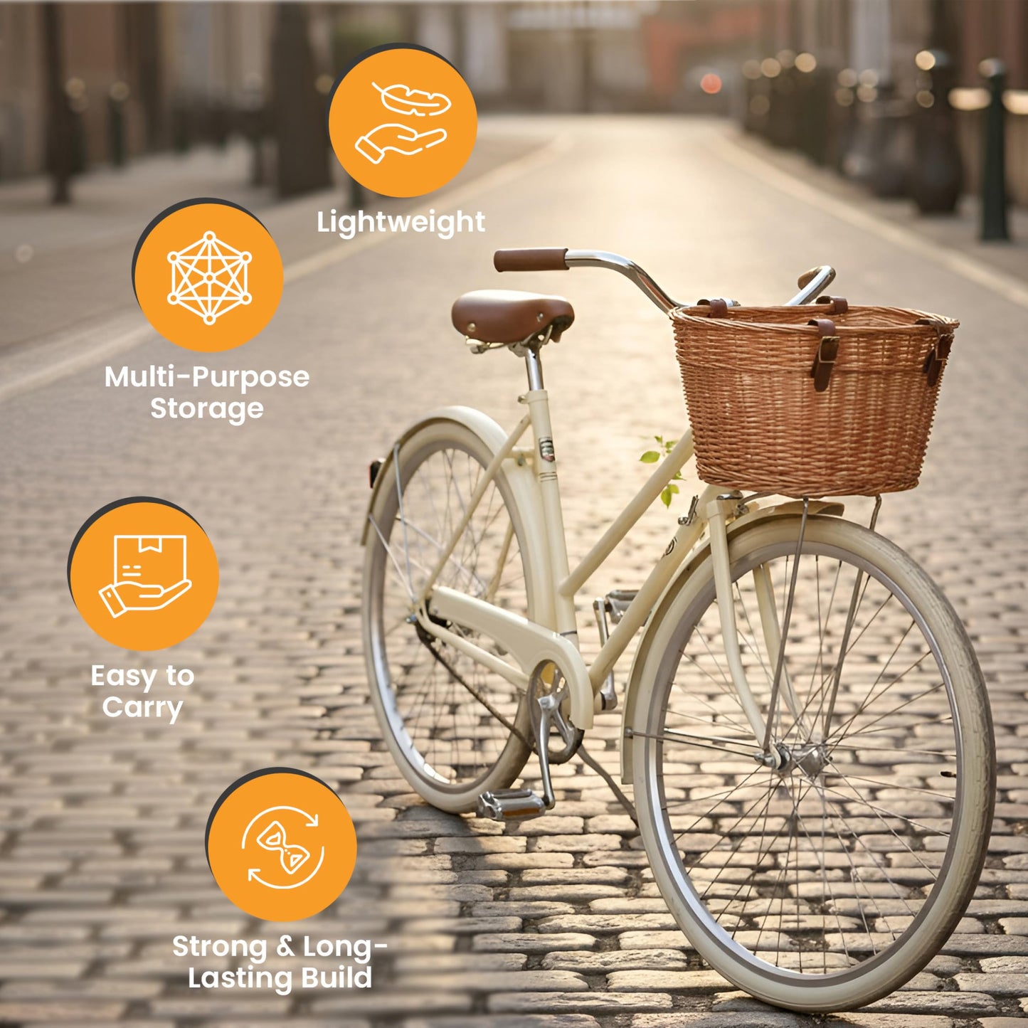 Wicker Front Bike Basket Cargo for Men and Women – Fits Most Bicycles, Beach Cruisers and Ebikes, Lightweight Bicycle Storage Basket with Adjustable Straps, Light Brown