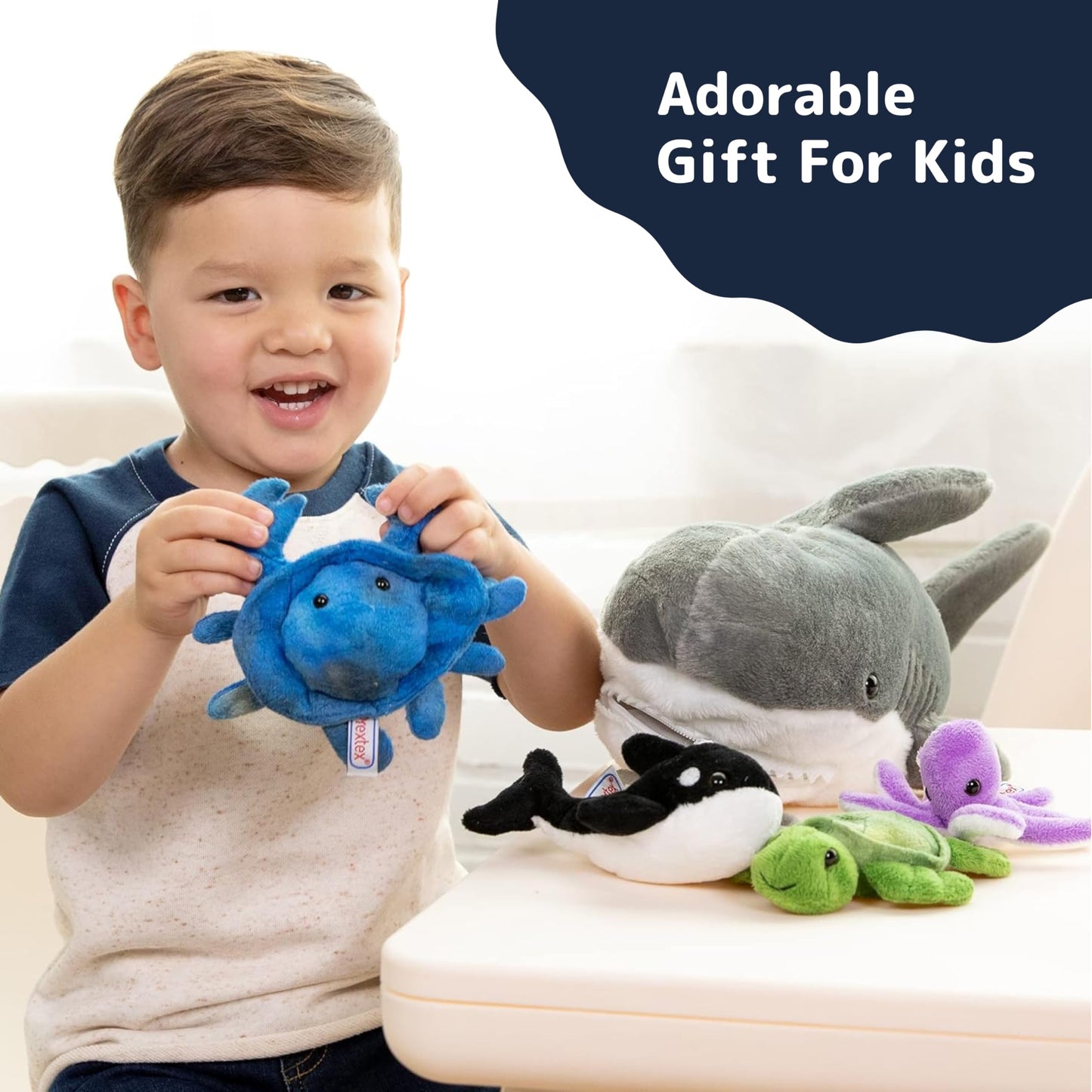 PREXTEX Stuffed Animal Toy Gift Set of Five Small Mini Plush Stuffed Animals (Penguin, Polar Bear, Whale, Narwhal, Walrus) in Big Zippered Iceberg Home, Bulk Stuffed Animals for Kids Boys & Girls