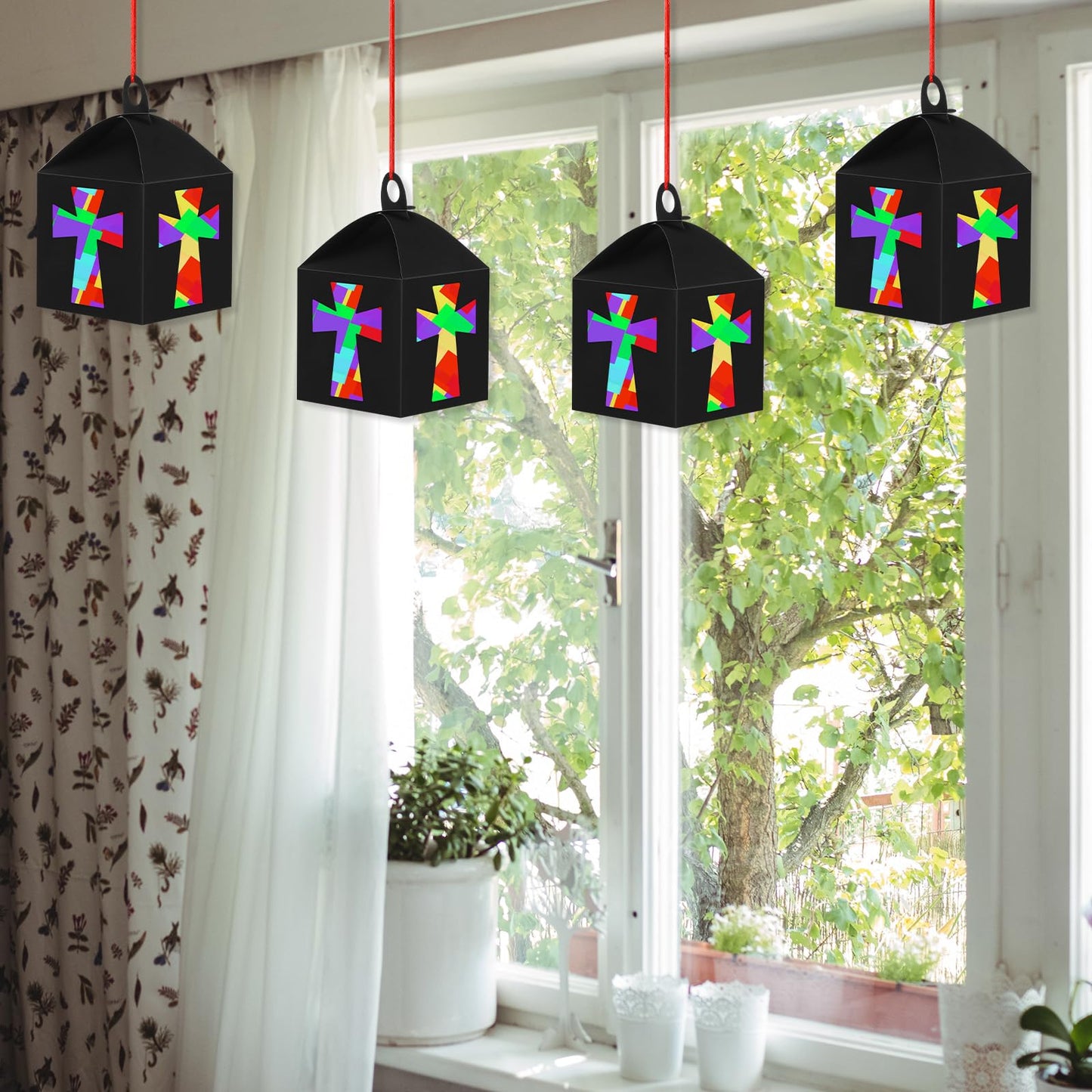 VIHOSE 16 Sets Religious Craft Kits Religious Lanterns Craft Bulk Suncatcher Kits Religious Cross Ornaments Christian DIY Tissue Paper Kits for Sunday School Classroom Art Home Church