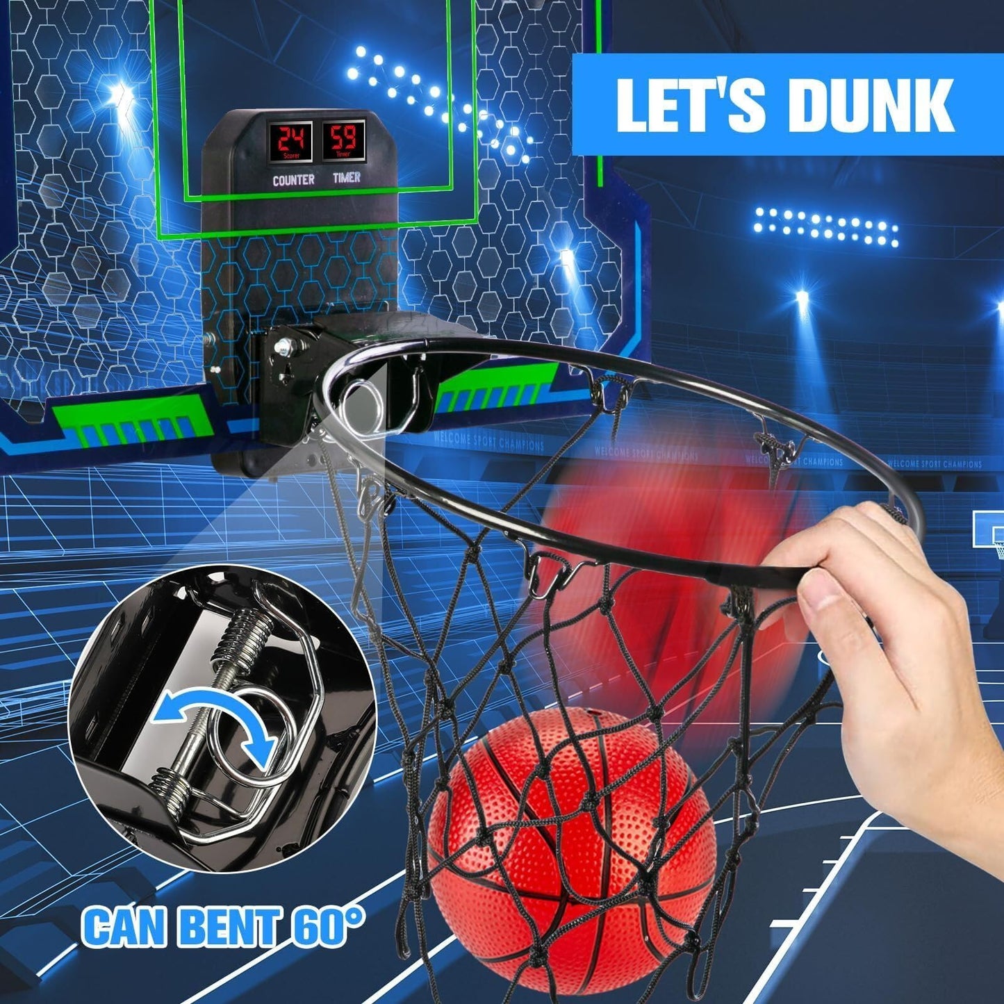 Vignuto Indoor Basketball Hoop for Kids (4-12 Years Old), Over The Door Mini Basketball Hoop with Scoring, Countdown and Music Functions
