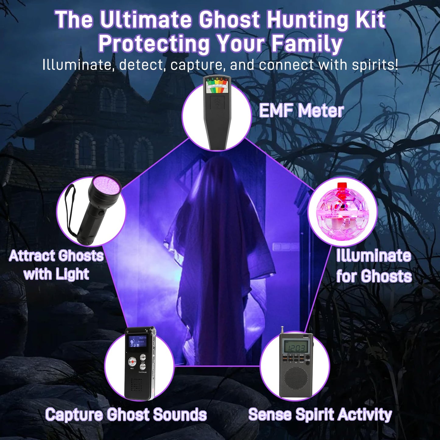 8 Pcs Ghost Hunting Kit with 1 EMF Meter,1 EVP Recorder,1 Spirit Box,1 UV Light,3 LED Light up Cat Balls & 1 Carrying Case