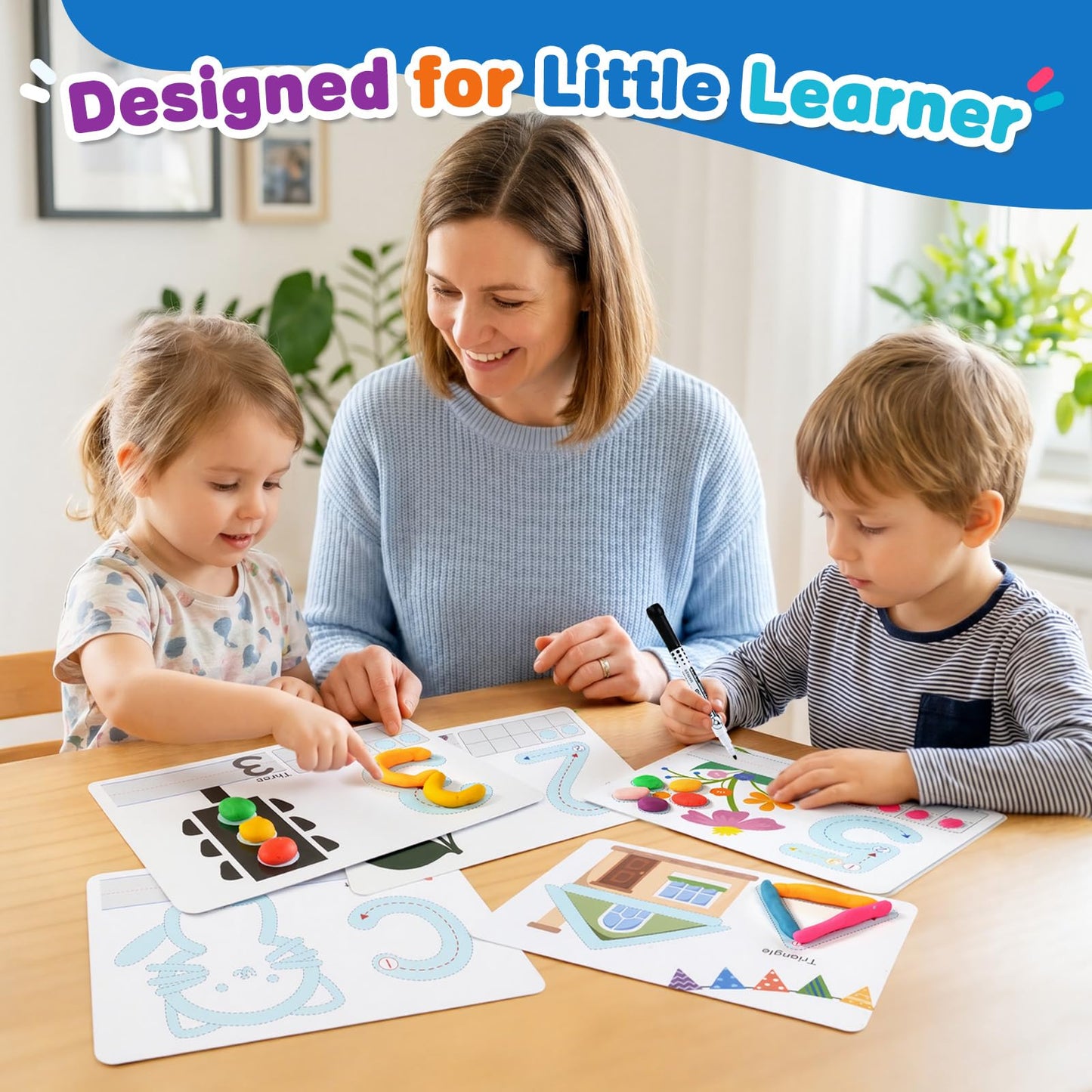 Crelloci Alphabet & Number Color Dough Mats for Kids 3+ – Double-Sided ABC Cards with Shapes, Write & Wipe Learning Set, Reusable Educational Preschool Toy with Marker
