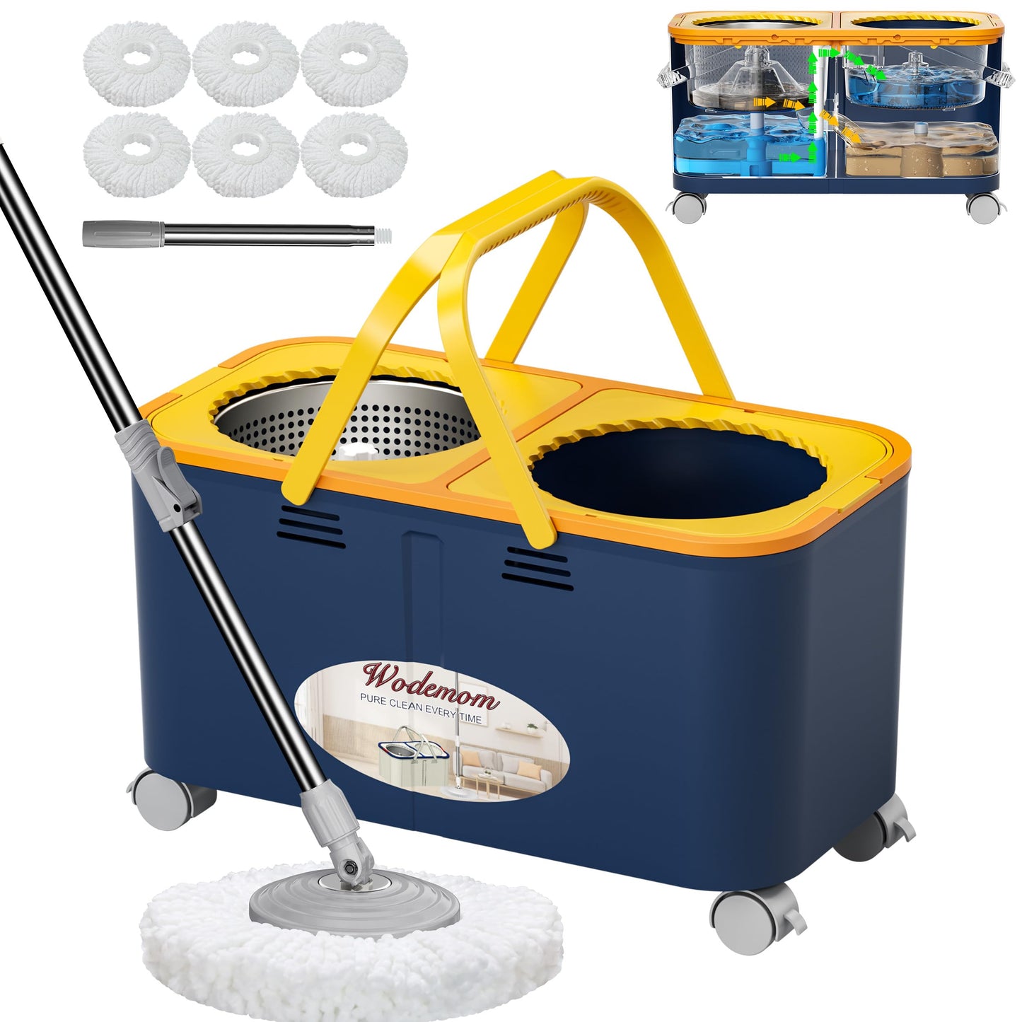 Compact Spin Mop and Bucket with Clean & Dirty Water System, Floor Mop with 360° Swivel Wheels, 61" Handle, 6 Reusable Mop Heads for for Wood, Tile, Vinyl, Baseboards- Blue/Yellow