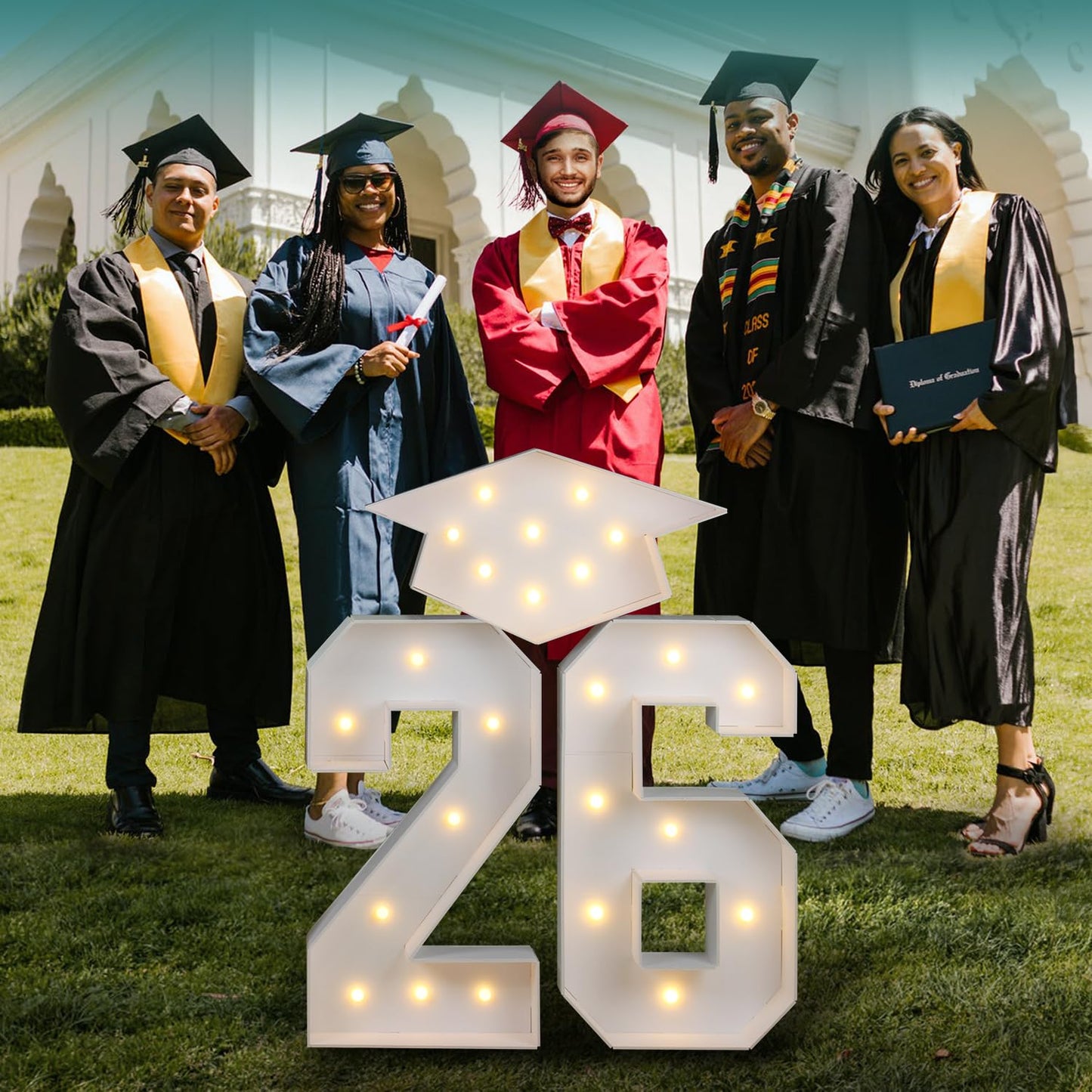 2026 Graduation Party Decorations - 2.3FT Pre-Cut 26 Marquee Numbers Sign with Light - Mosaic Foam Board Includes Glue Gun Balloons for Kindergarten Preschool College Prom