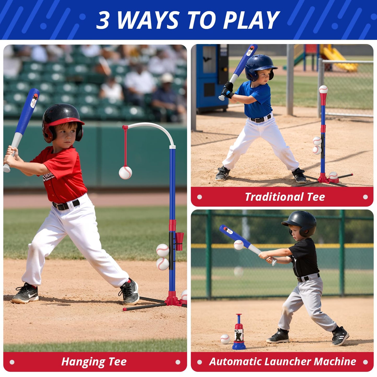 HYES 3 in 1 T Ball Set for Kids 3-5, Kids Baseball with Hanging Tee/Standing Tee/Automatic Launcher/6 Softballs, Adjustable Height Toddler Baseball Sets Indoor Outdoor Sport Gifts Toys for Boys, Blue