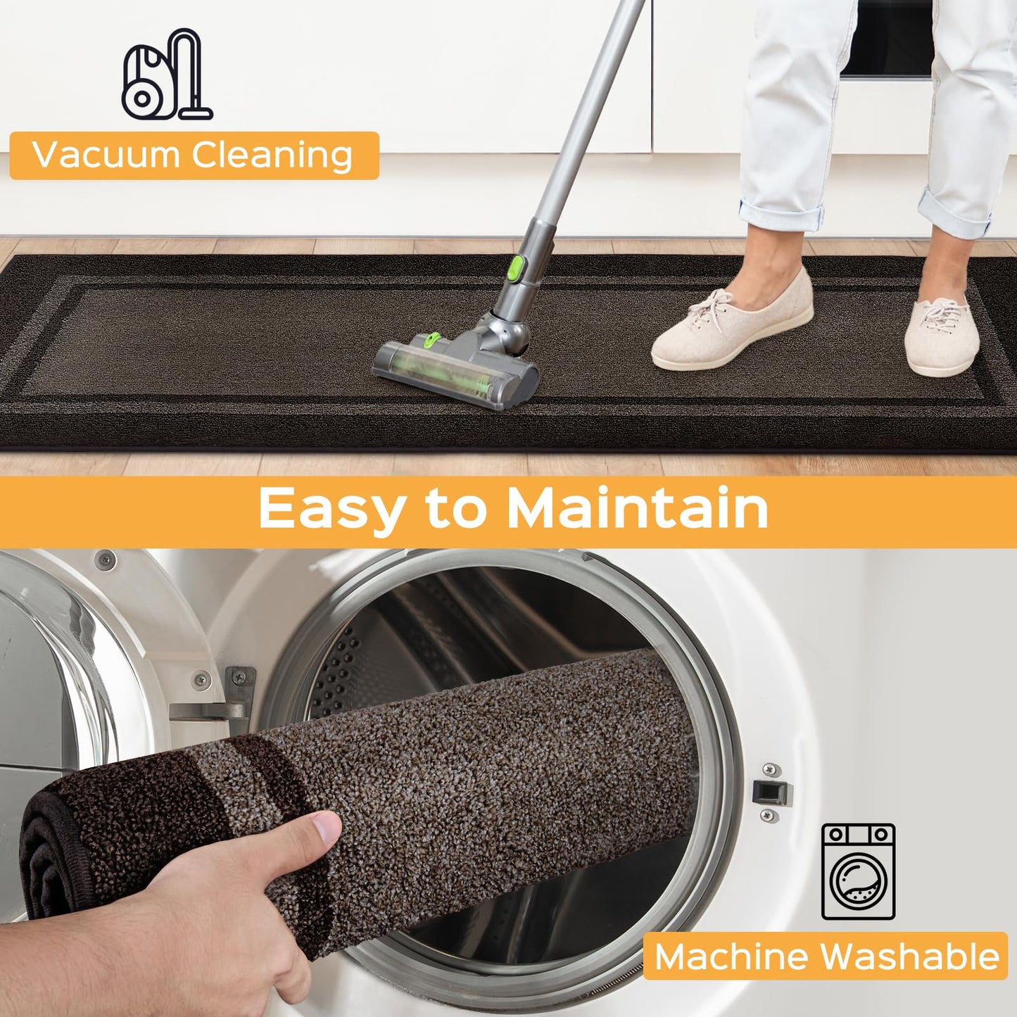Kitchen Rugs Set (24" x 36"+24" x 60"), Non-Slip Machine Washable Kitchen Runner Rugs Floor Mats, Absorbent Comfort Standing Mat for Kitchen, Sink and Hallway, Rolled Packaging, Grayish Brown & Coffee