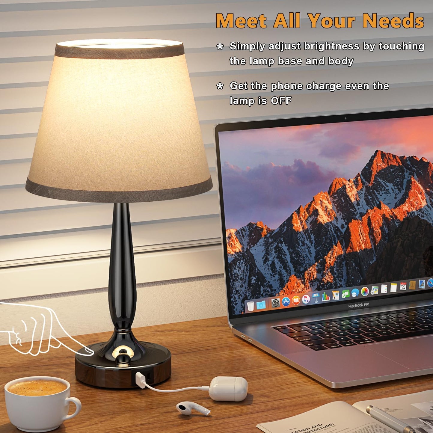 Kakanuo Touch Table Lamp for Bedroom Set, Small Bedside Lamps Set of 2 with USB C Charging Port, 3 Way Dimmable Touch Control Nightstand Lamps, LED Bulb Included
