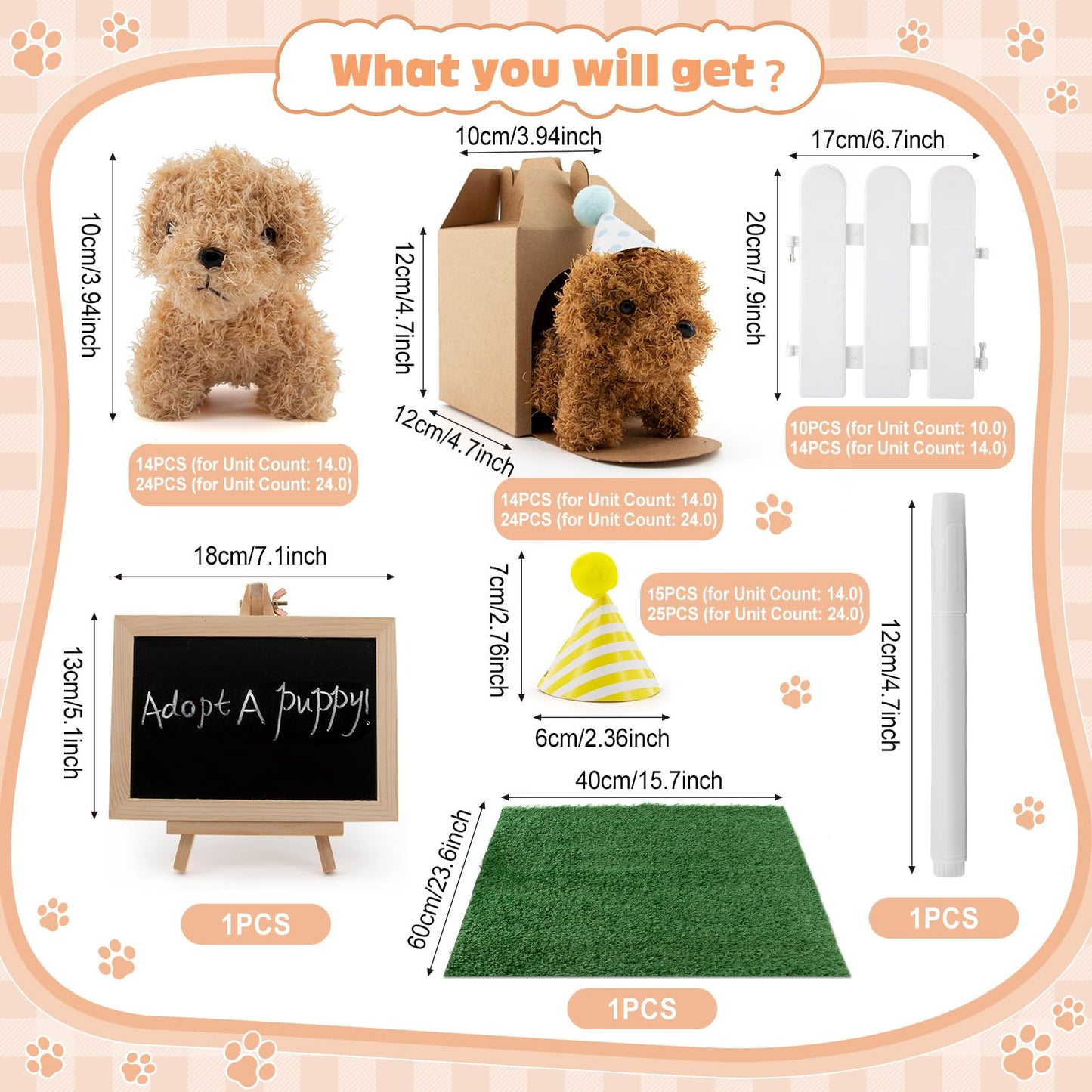 56Pcs Adopt A Puppy Party Favors Mini Plush Stuffed Animals Set Includes 14 Mini Dogs, Birthday Hats, White Plastic Fence with Artificial Lawn for Adopt A Pet Theme Birthday Party