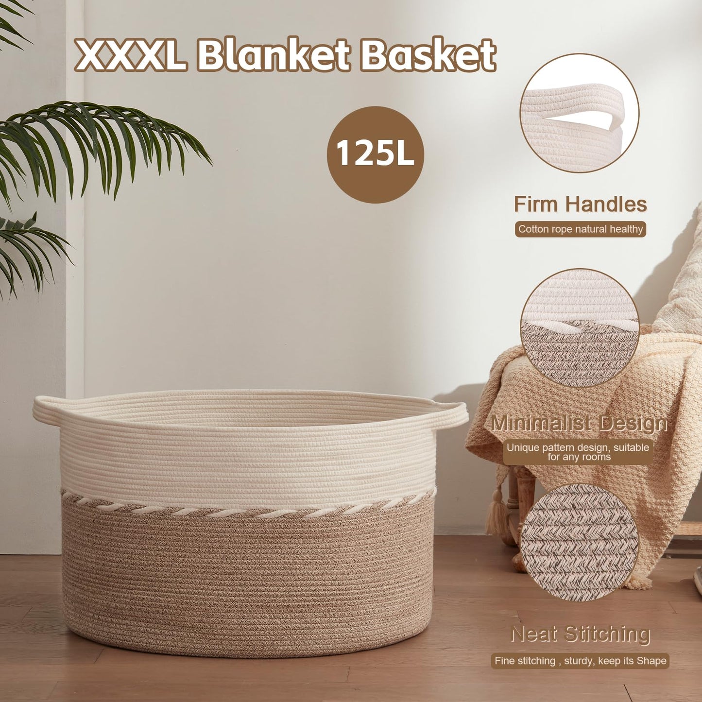 OIAHOMY 125L Extra Large Blanket Basket, 25" x 16", Jumbo Laundry Hamper, Cotton Rope Basket with Handles for Living Room,Baby Toy Storage Bins, Brown